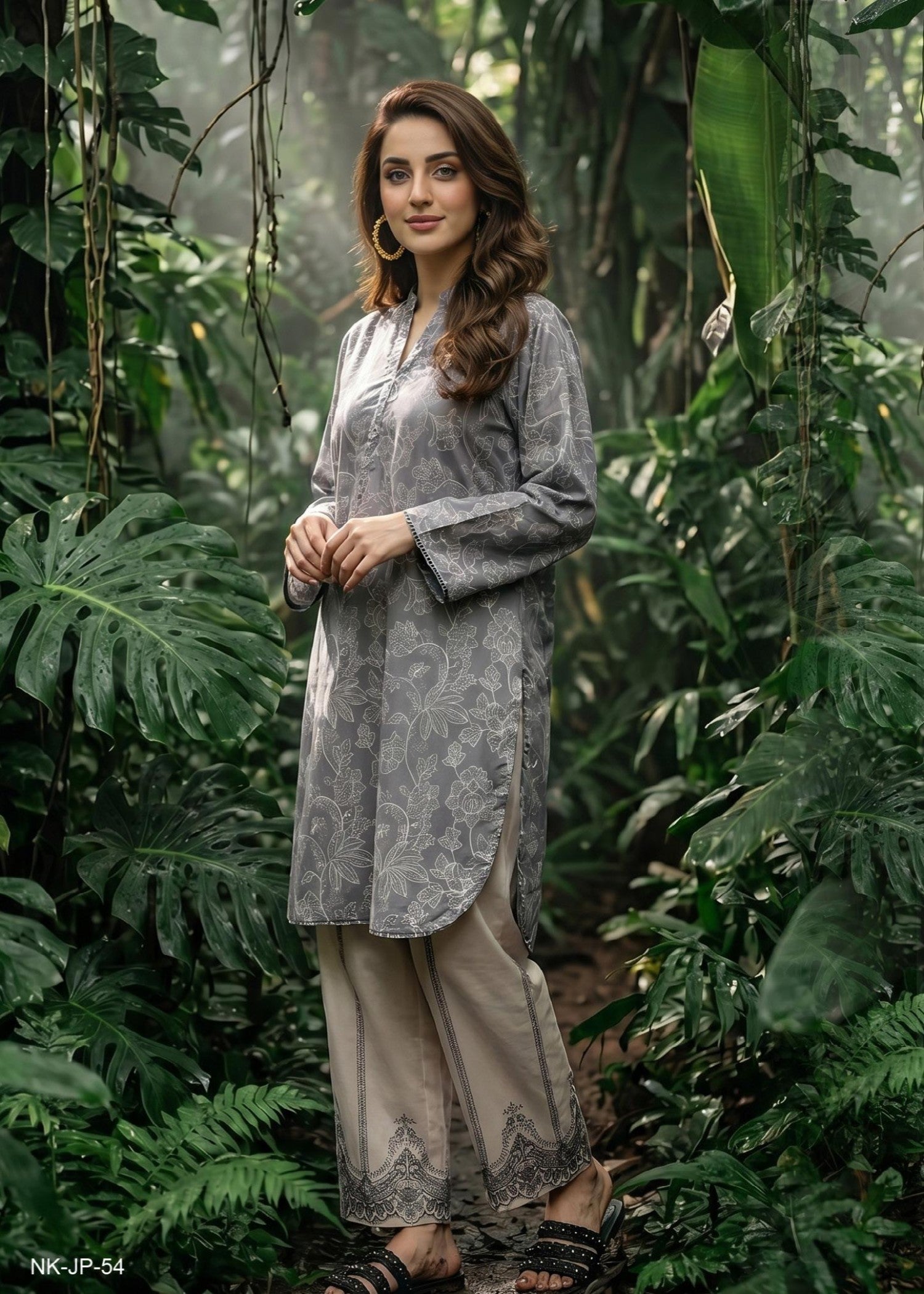 slub lawn Kurta Set in Grey