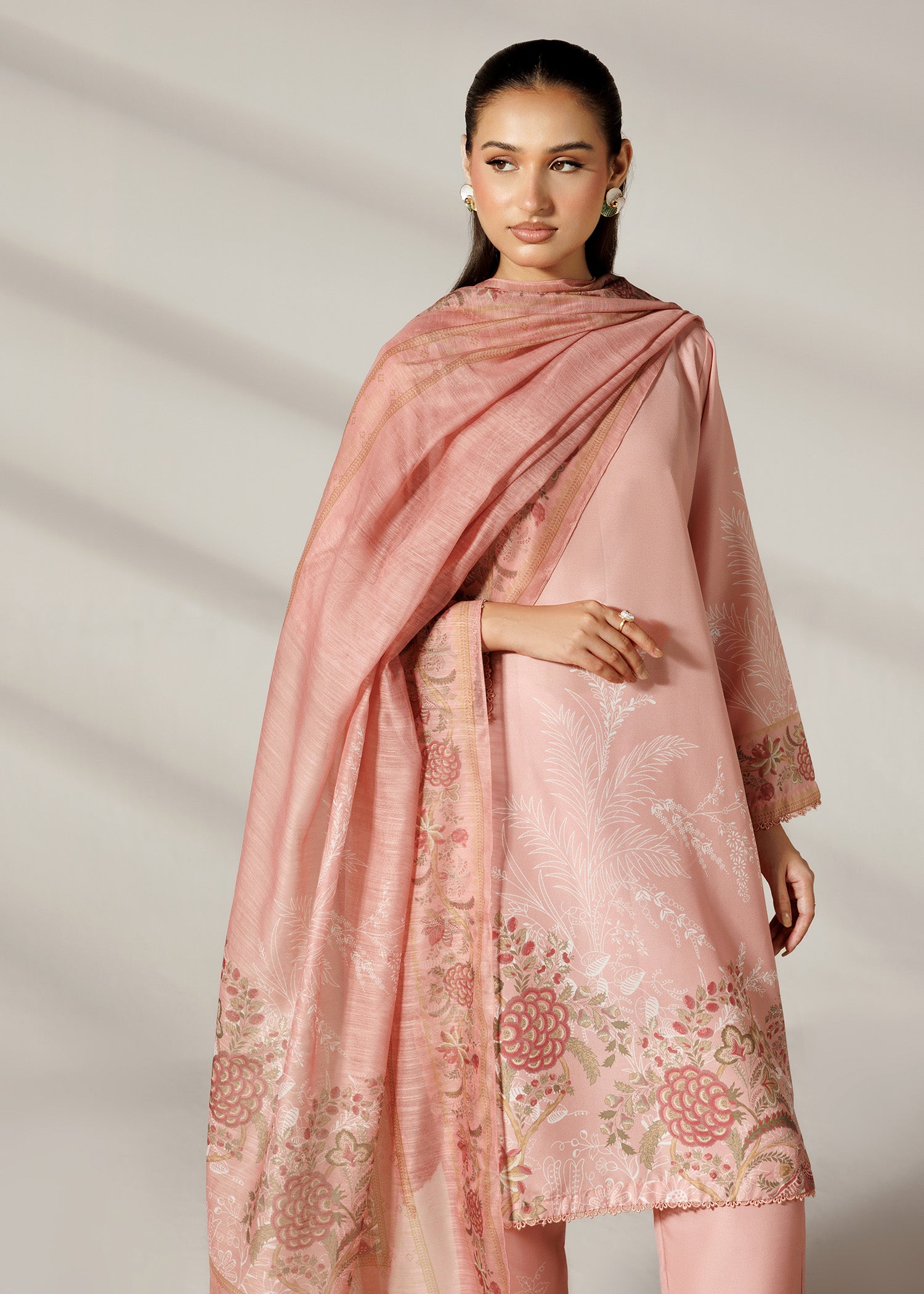 silk finish lawn Kurta Set in Peach pink