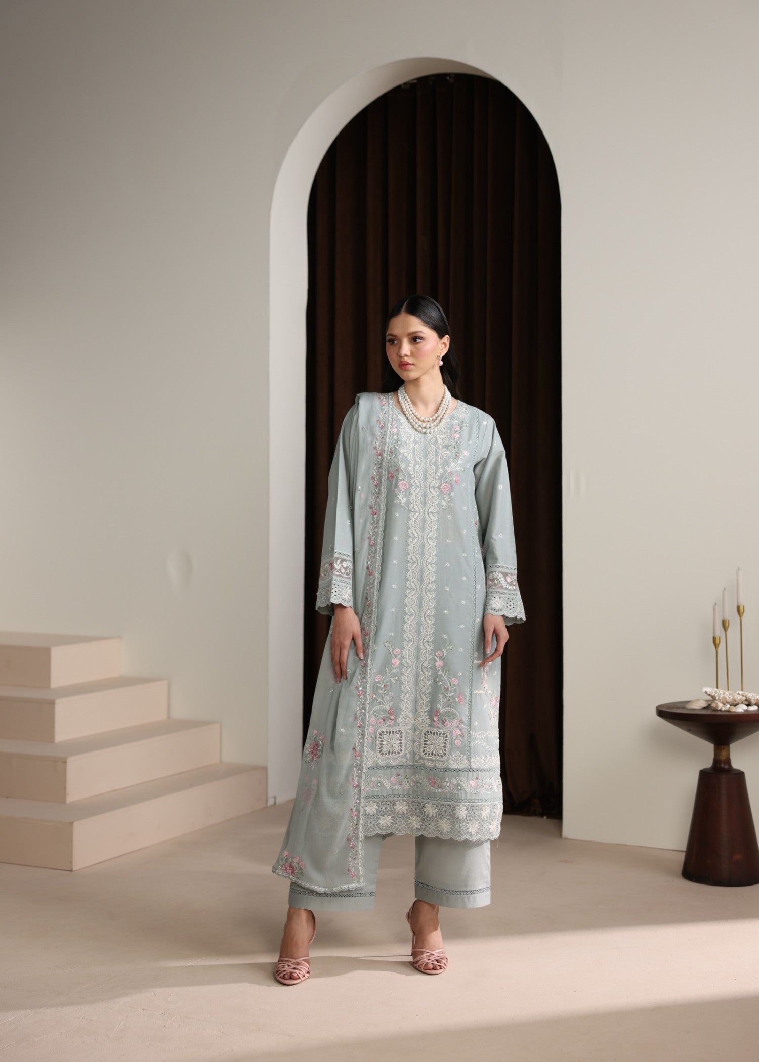 lawn Kurta Set in Ash grey