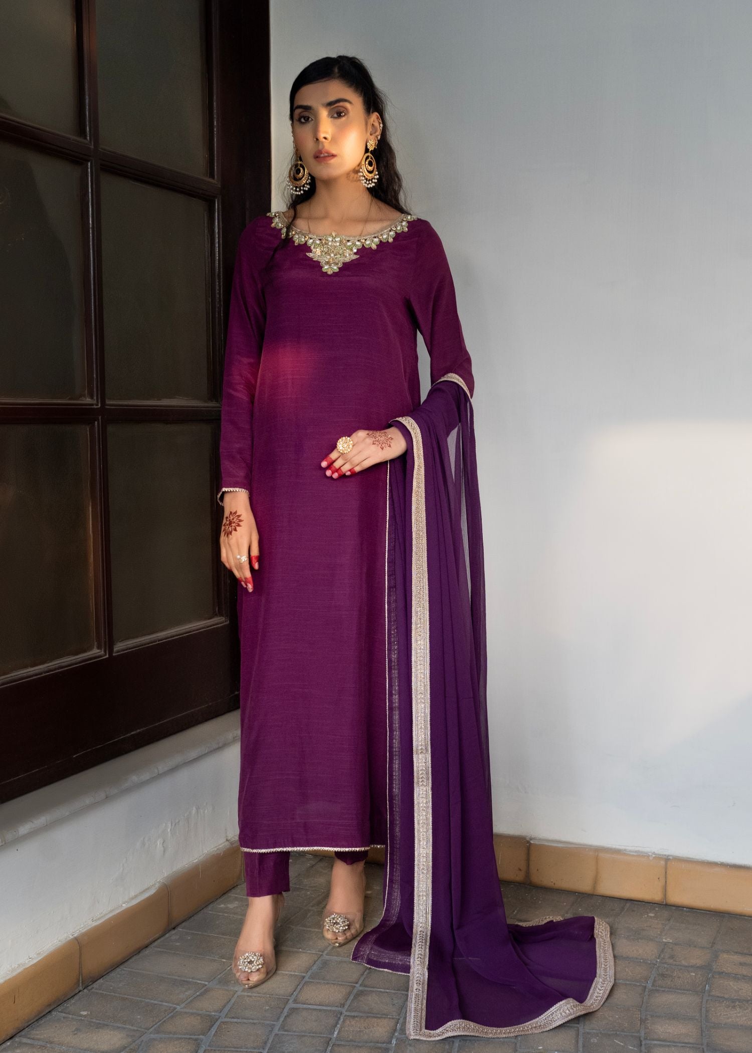 slub Kurta Set in Purple