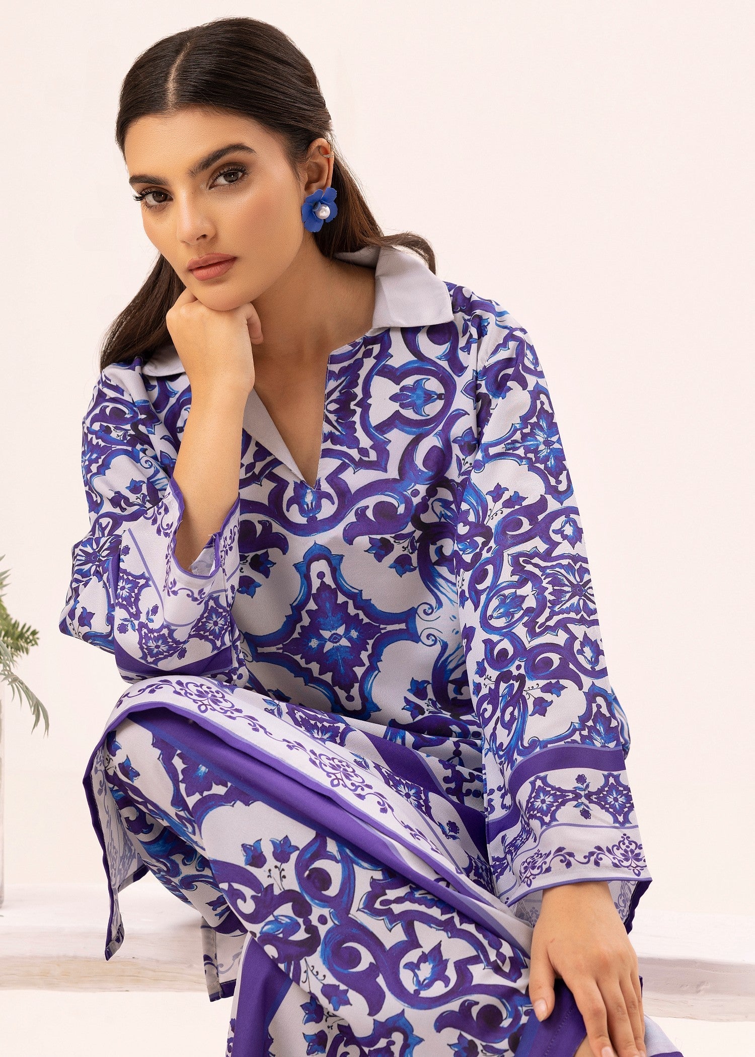 lawn Co Ord Sets in White, purple heart