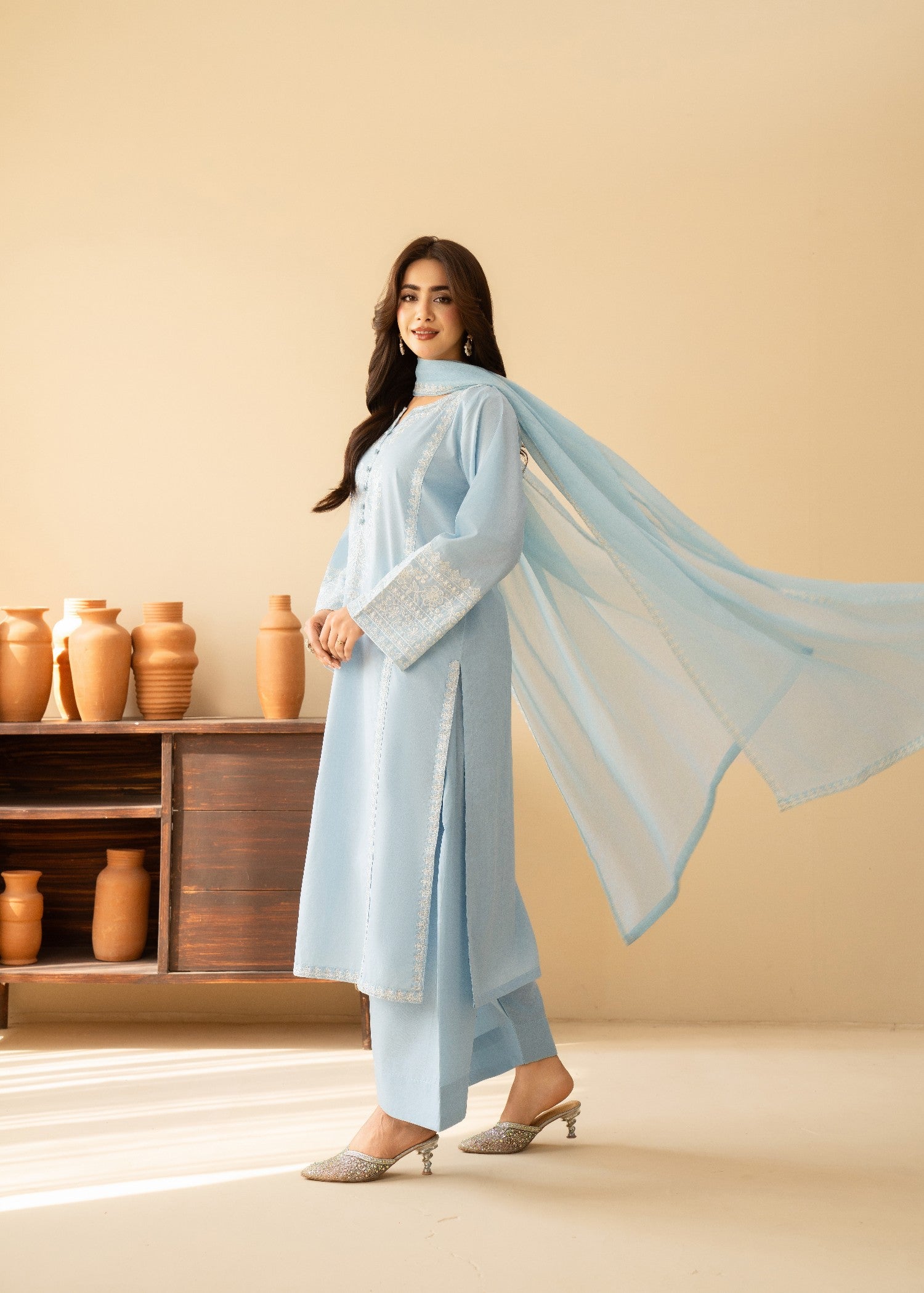 lawn cotton Kurta Set in Ice blue