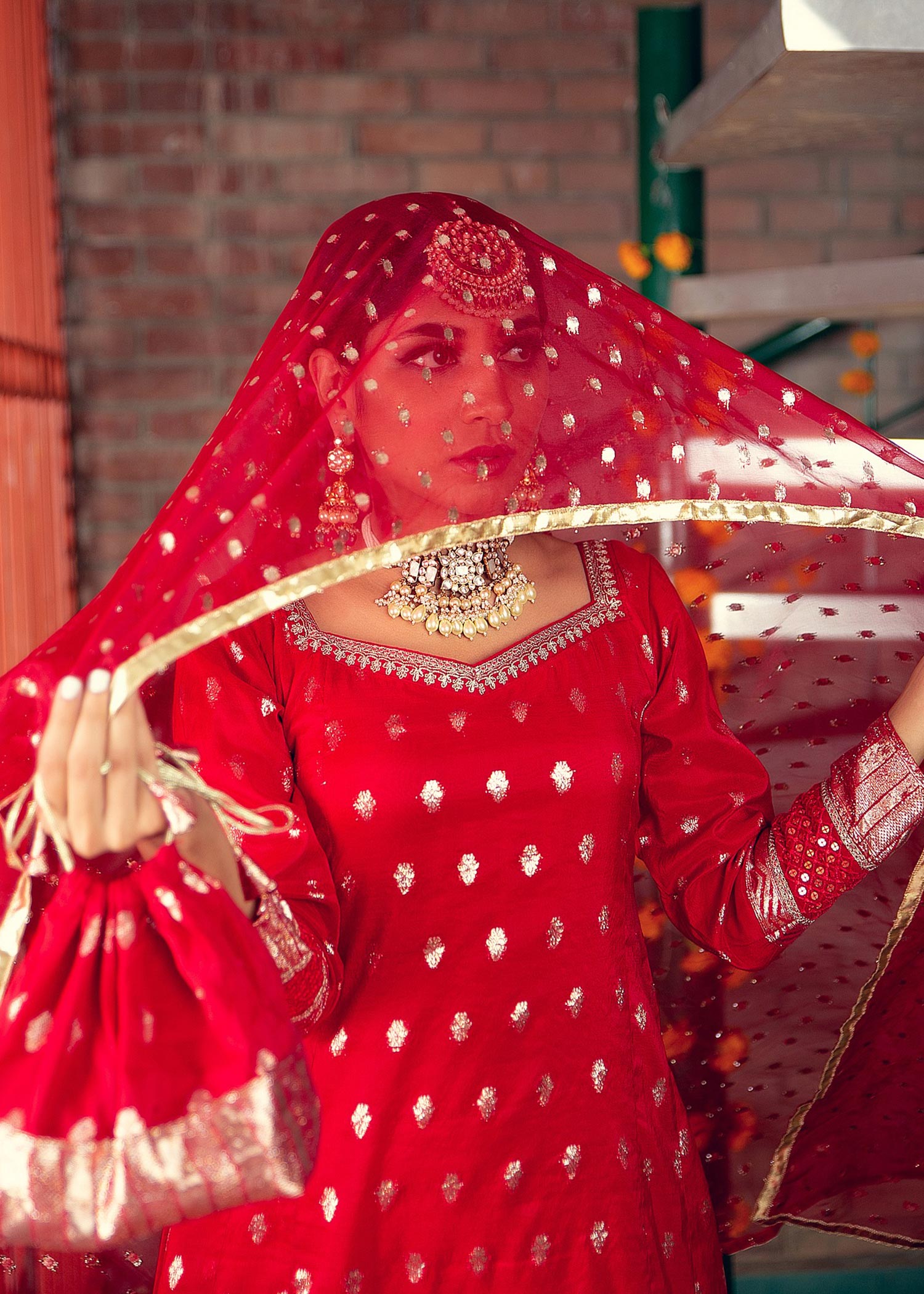 lawn karandi Gharara in Red