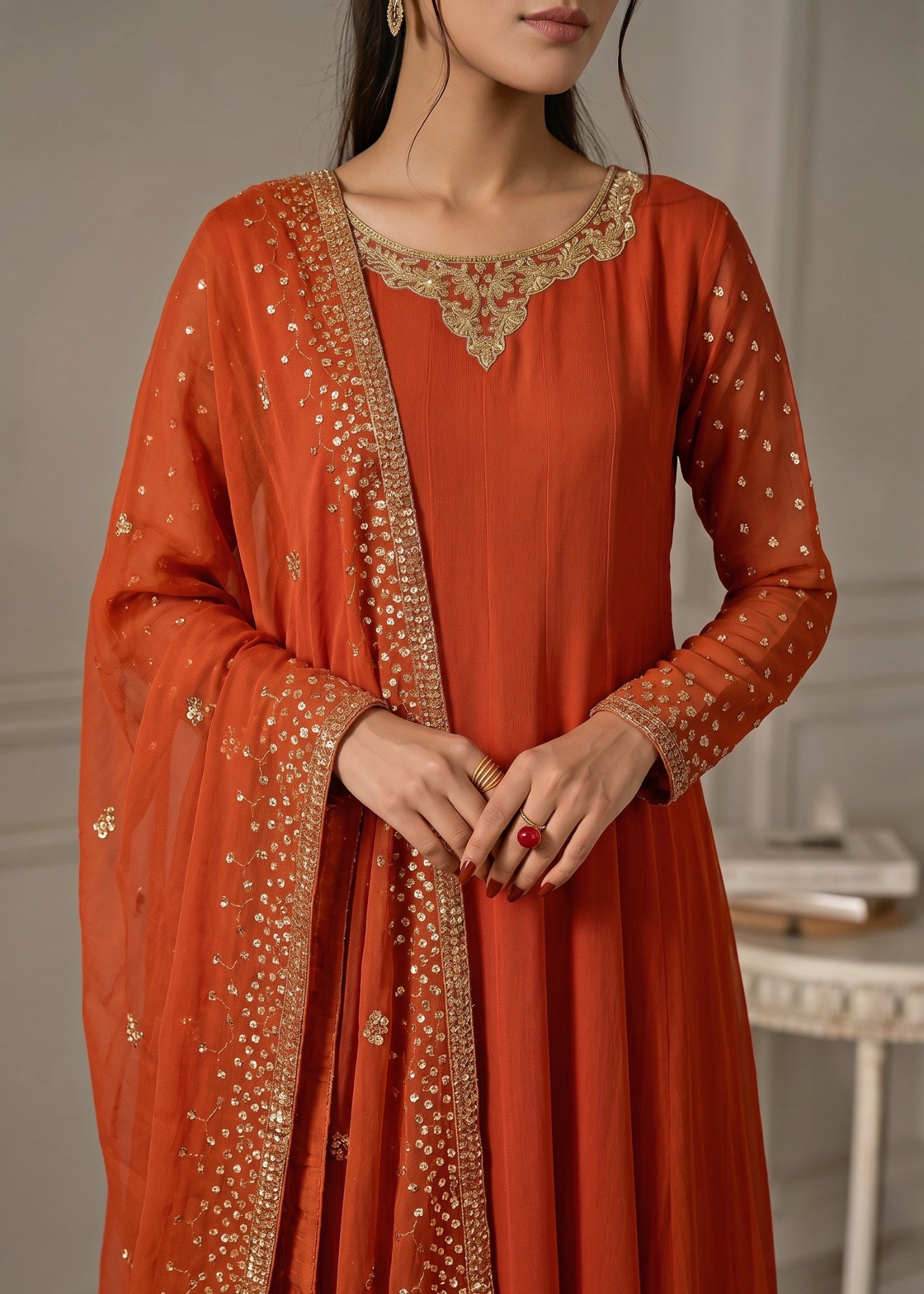 chiffon Pishwas in Rust orange