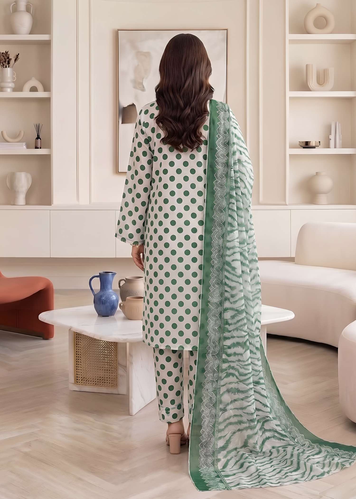 swiss lawn Kurta Set in White, green
