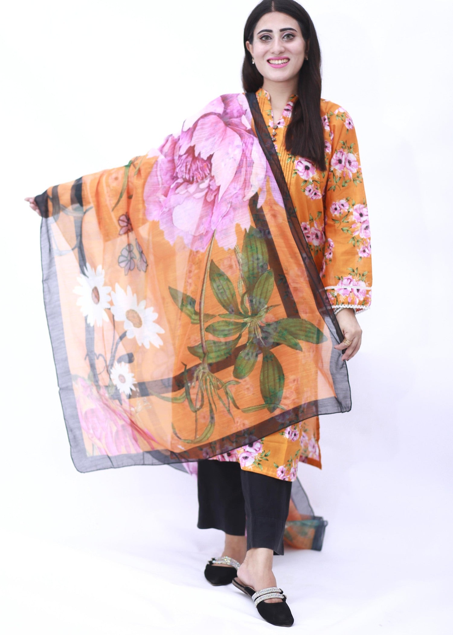 lawn Kurta Set in Mandarin orange