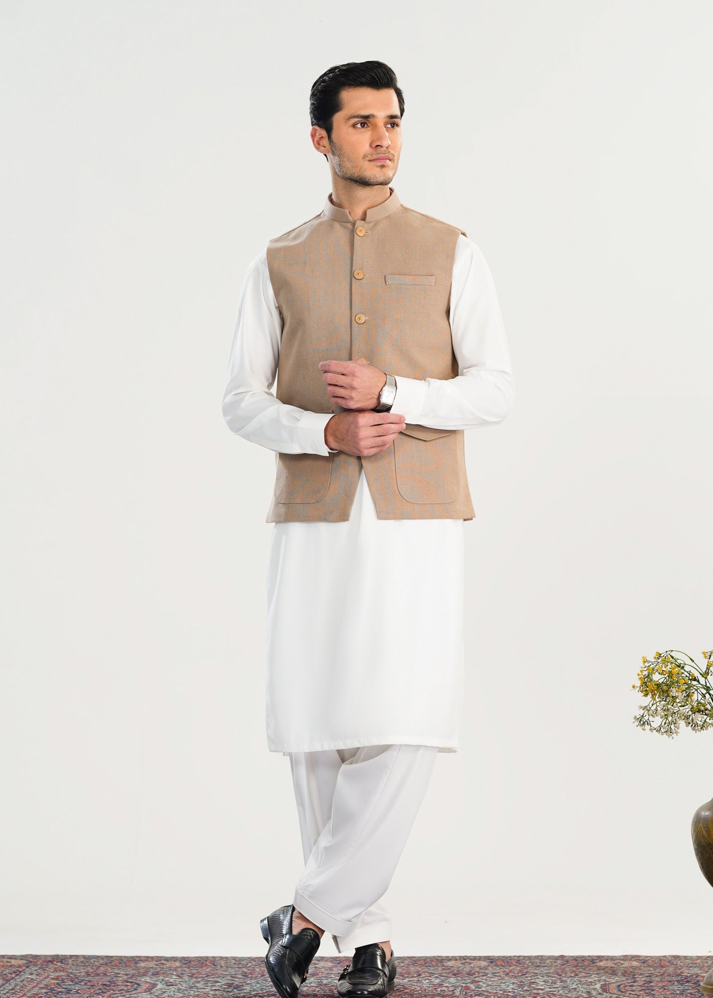 handwoven khaddar Waistcoat in Off-white, beige by Muraqsh