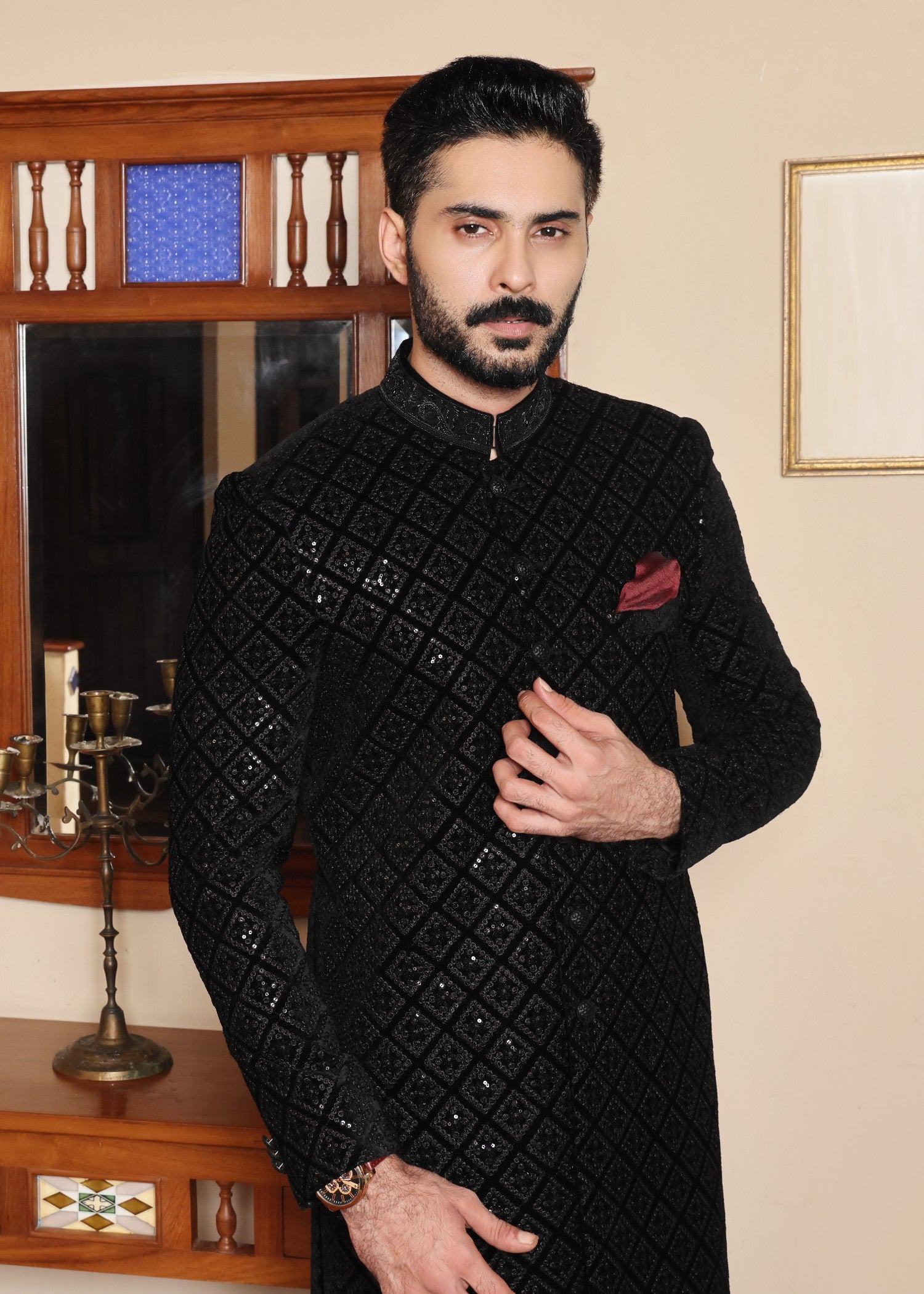 velvet Sherwani in Black