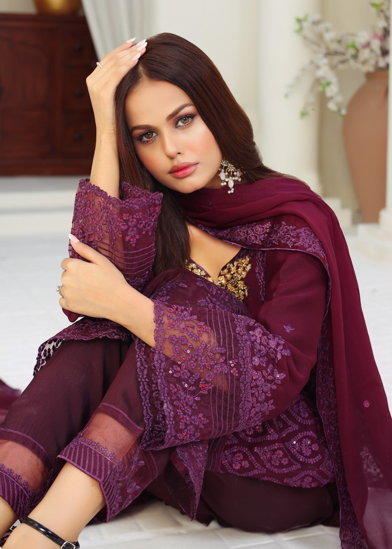 bemberg crinkle chiffon Kurta Set in Burgundy