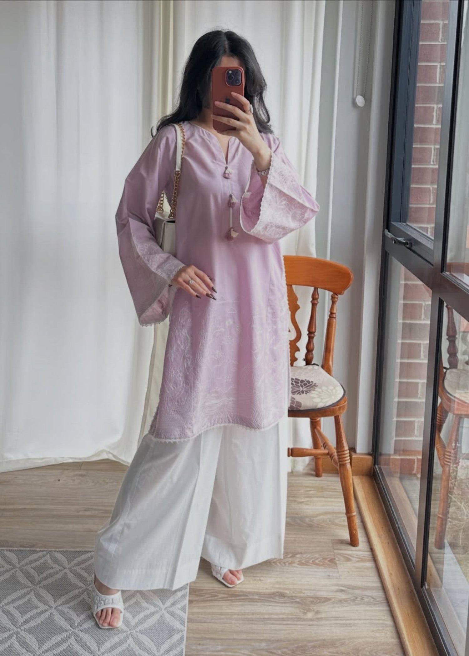 cotton Kurta Set in White, lavender grey