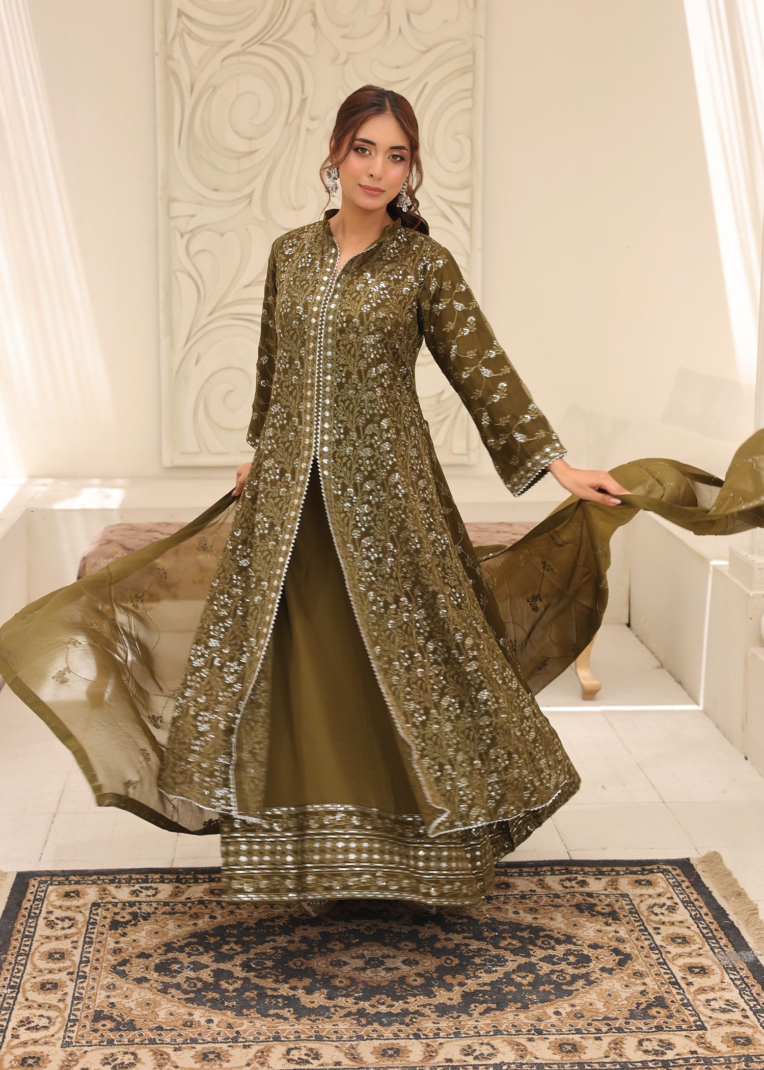 bemberg crinkle chiffon Maxi in Olive green