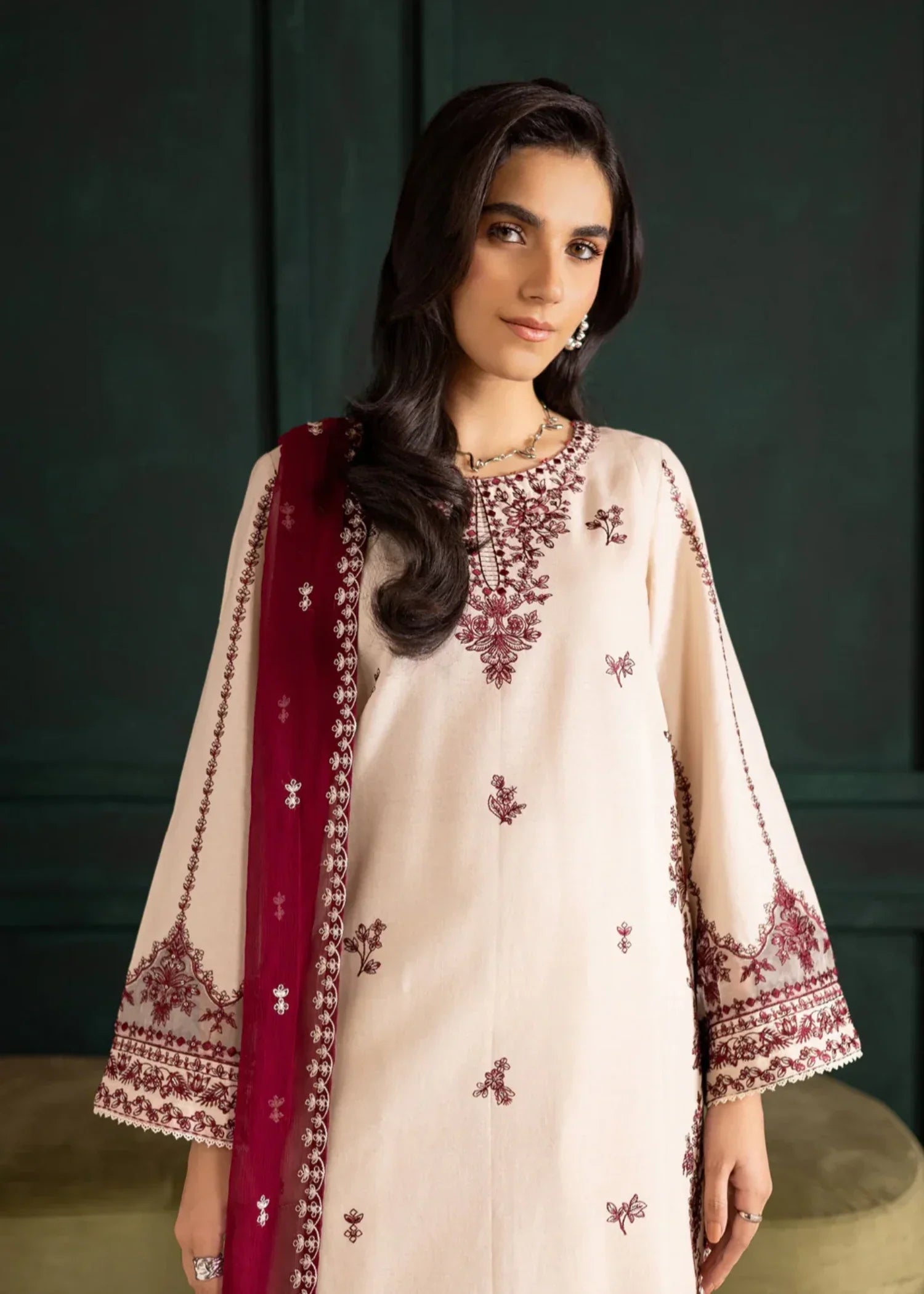 dhanak linen Kurta Set in Maroon, cream