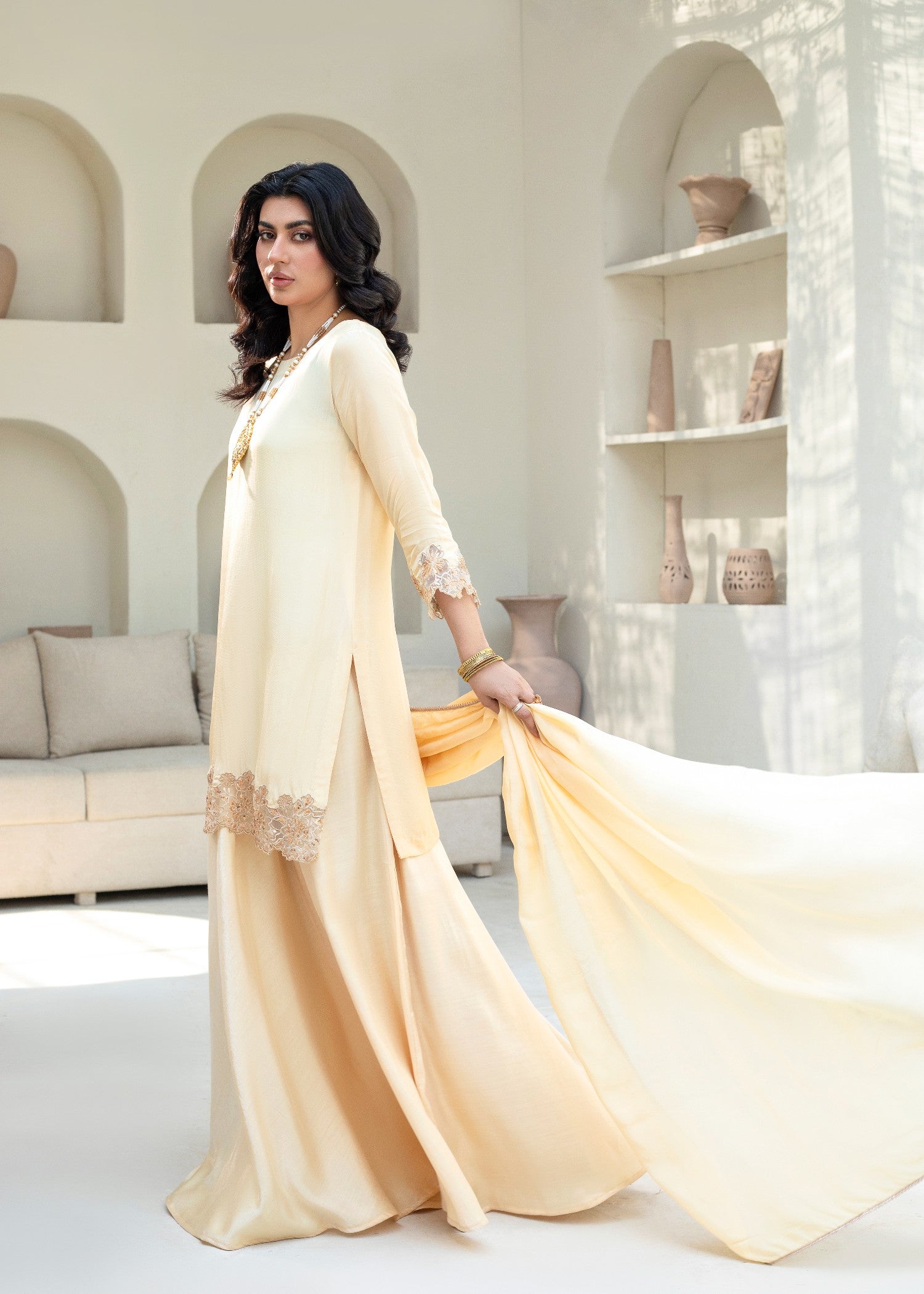silk Lehenga in Cream
