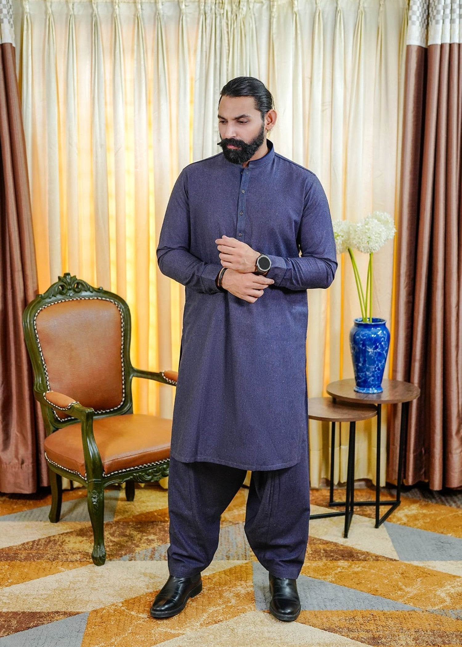woolen karandi Shalwar Kameez in Navy blue