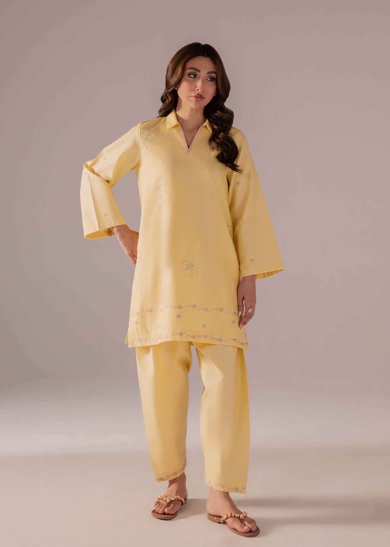 ribbed lawn Kurta Set in Yellow