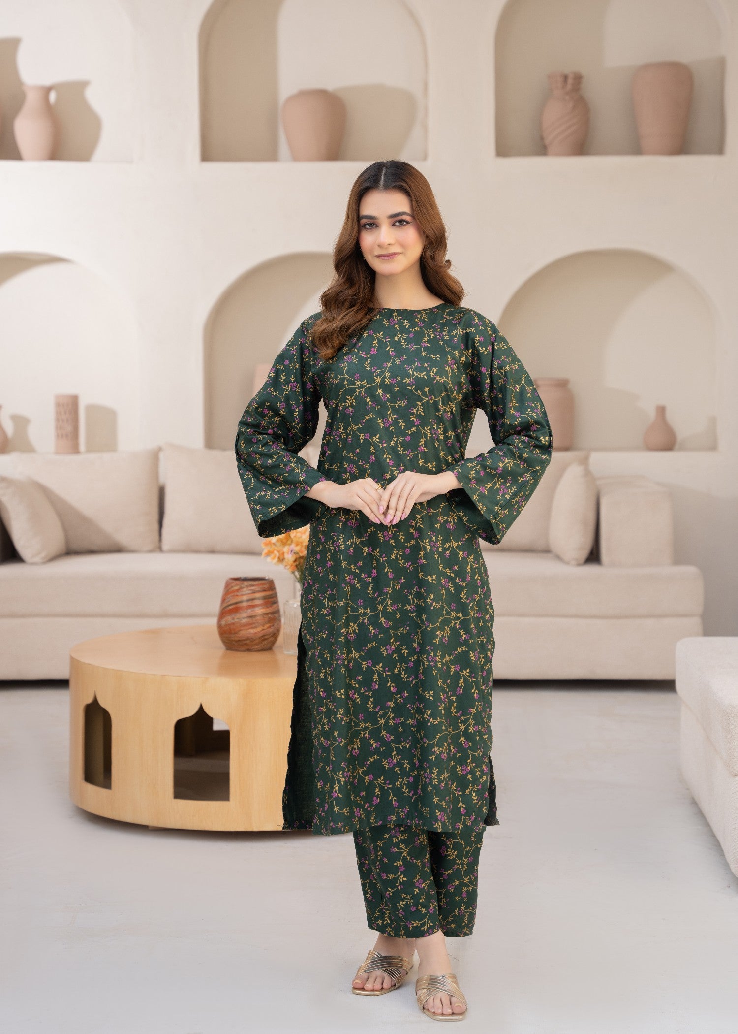 linen Kurta Set in Bottle green