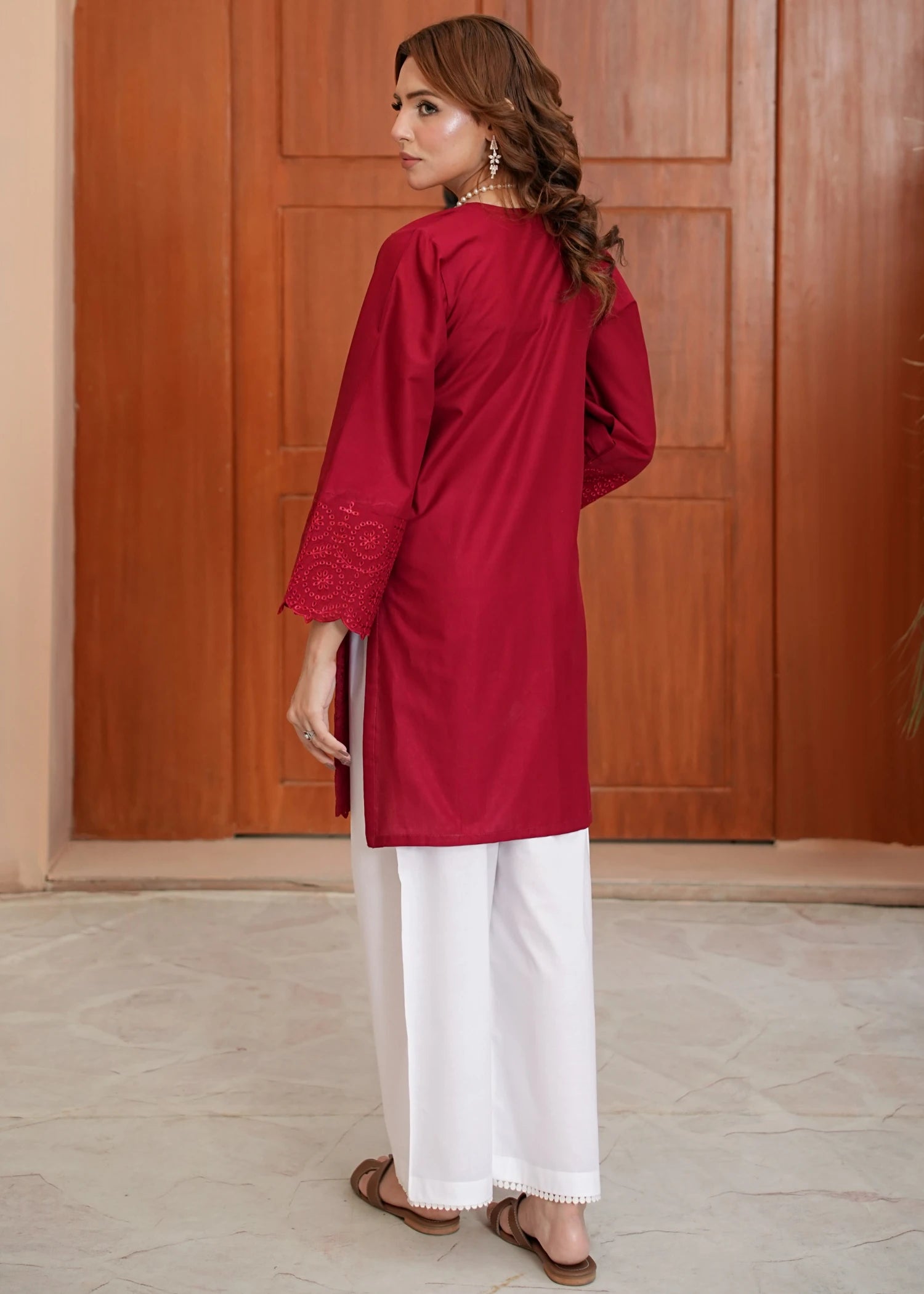 lawn Kurta Set in White, maroon