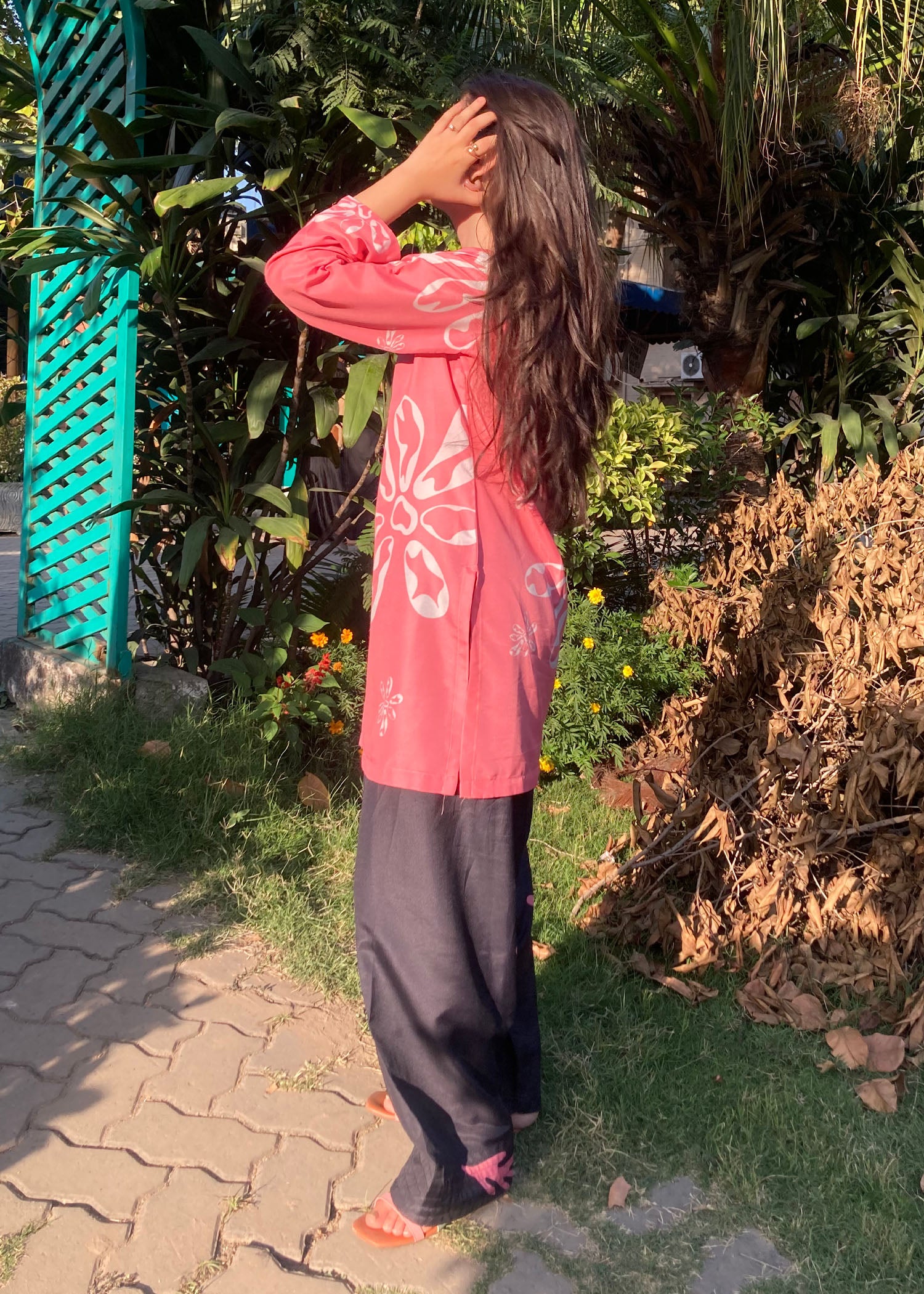 silk finish lawn Kurta Set in Hot pink