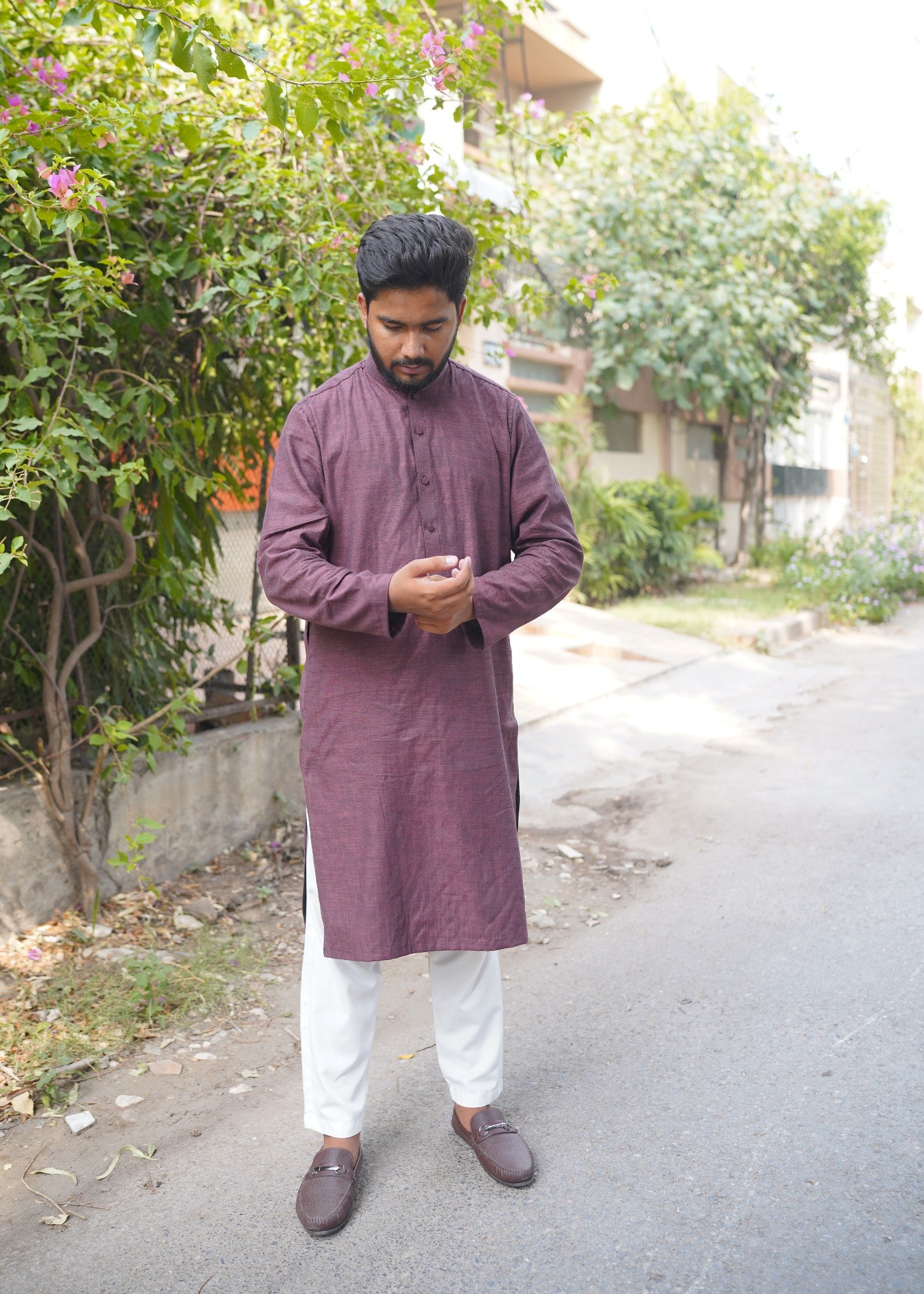 cotton jacquard Kurta in Magenta haze