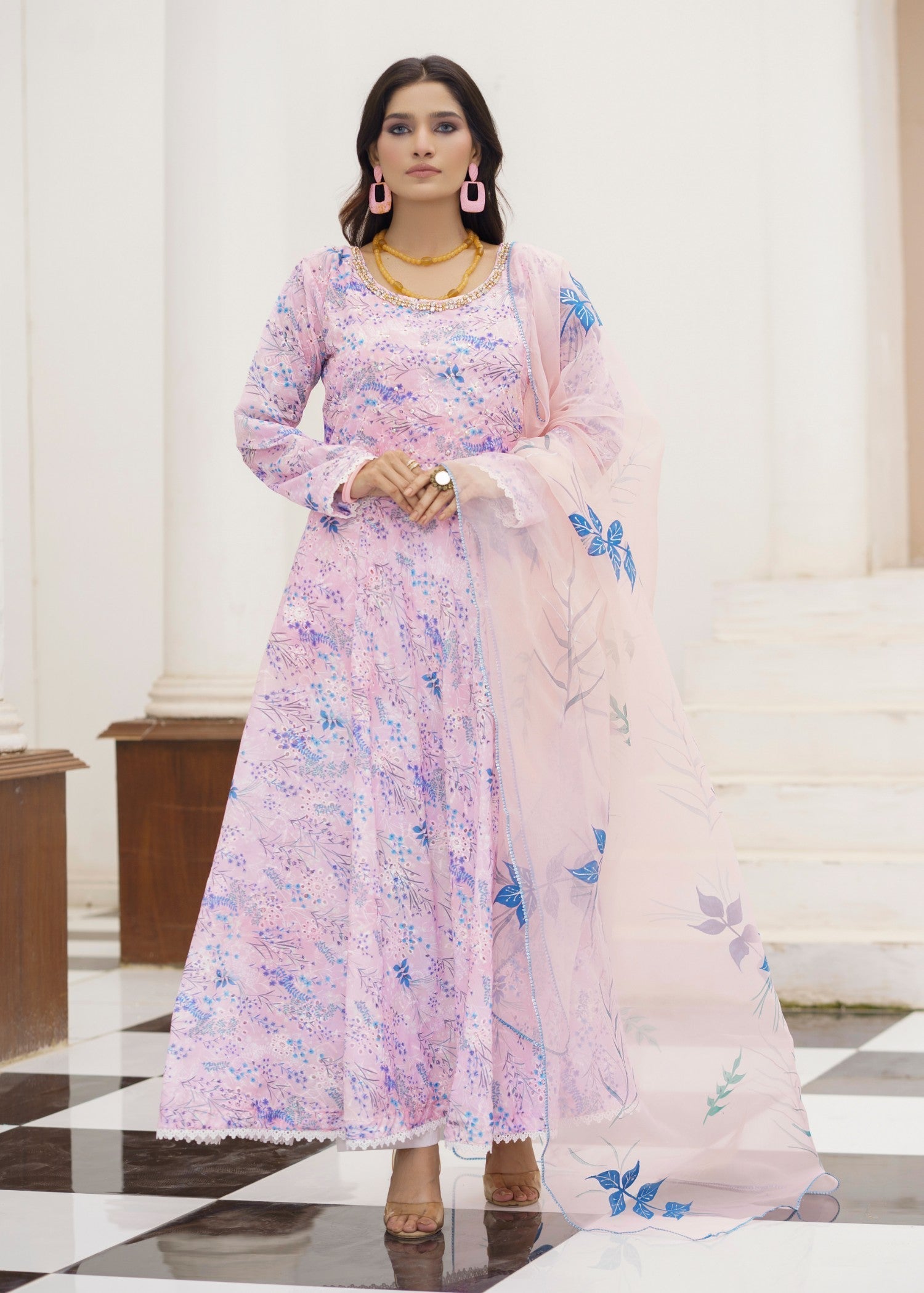 chikankari cotton Maxi in Pink