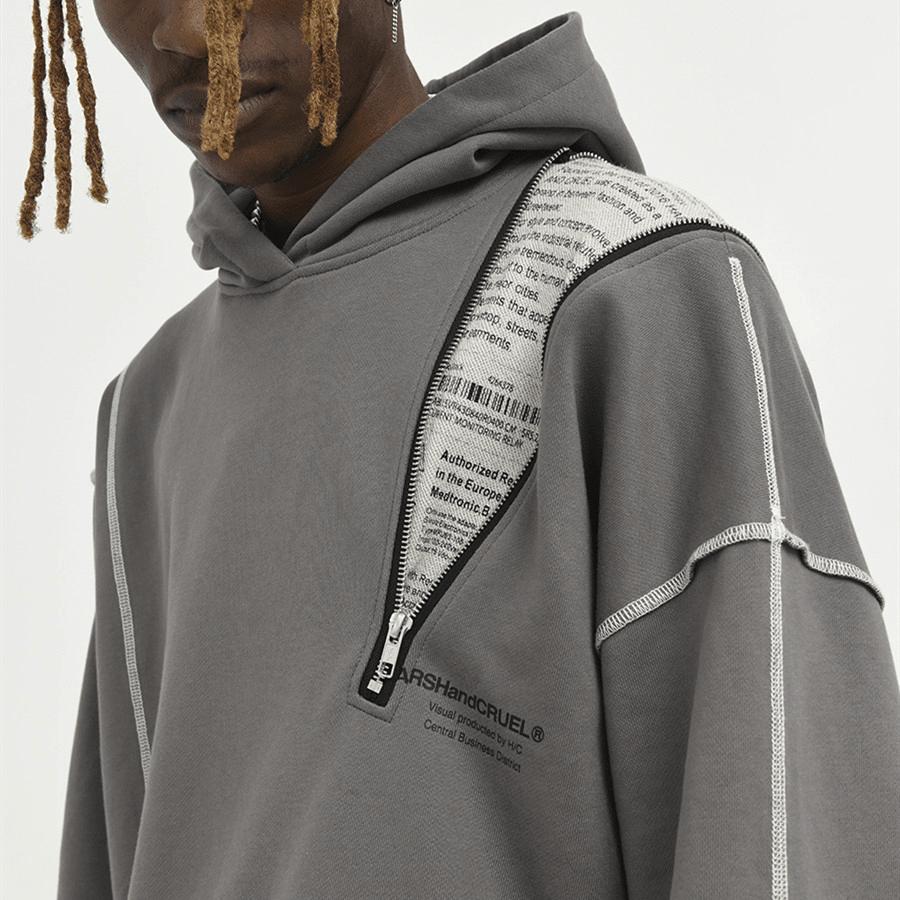 Asymmetrical Zipper Reverse Process Printing Loose Hooded Sweatshirt