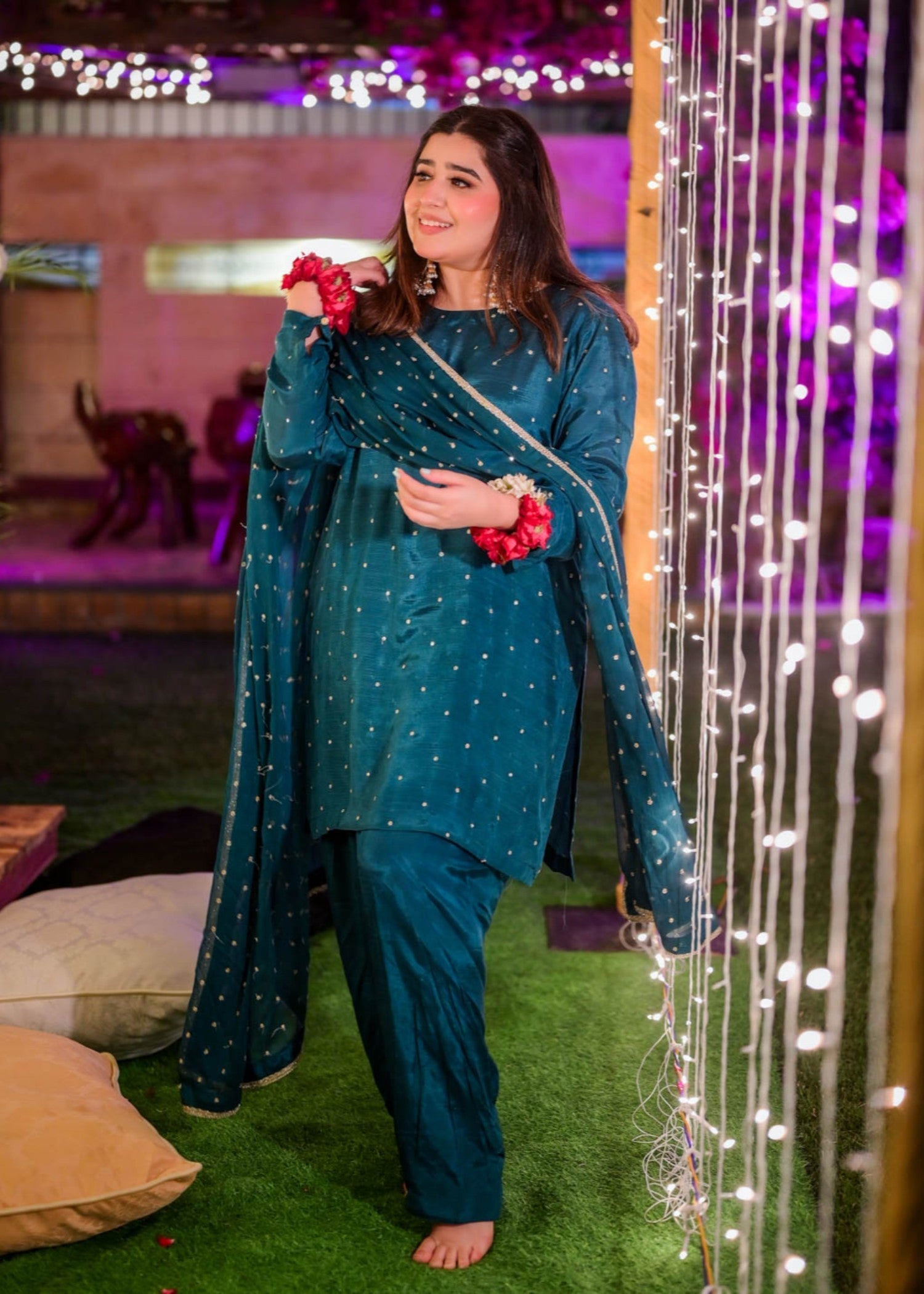 blended grip silk Kurta Set in Teal