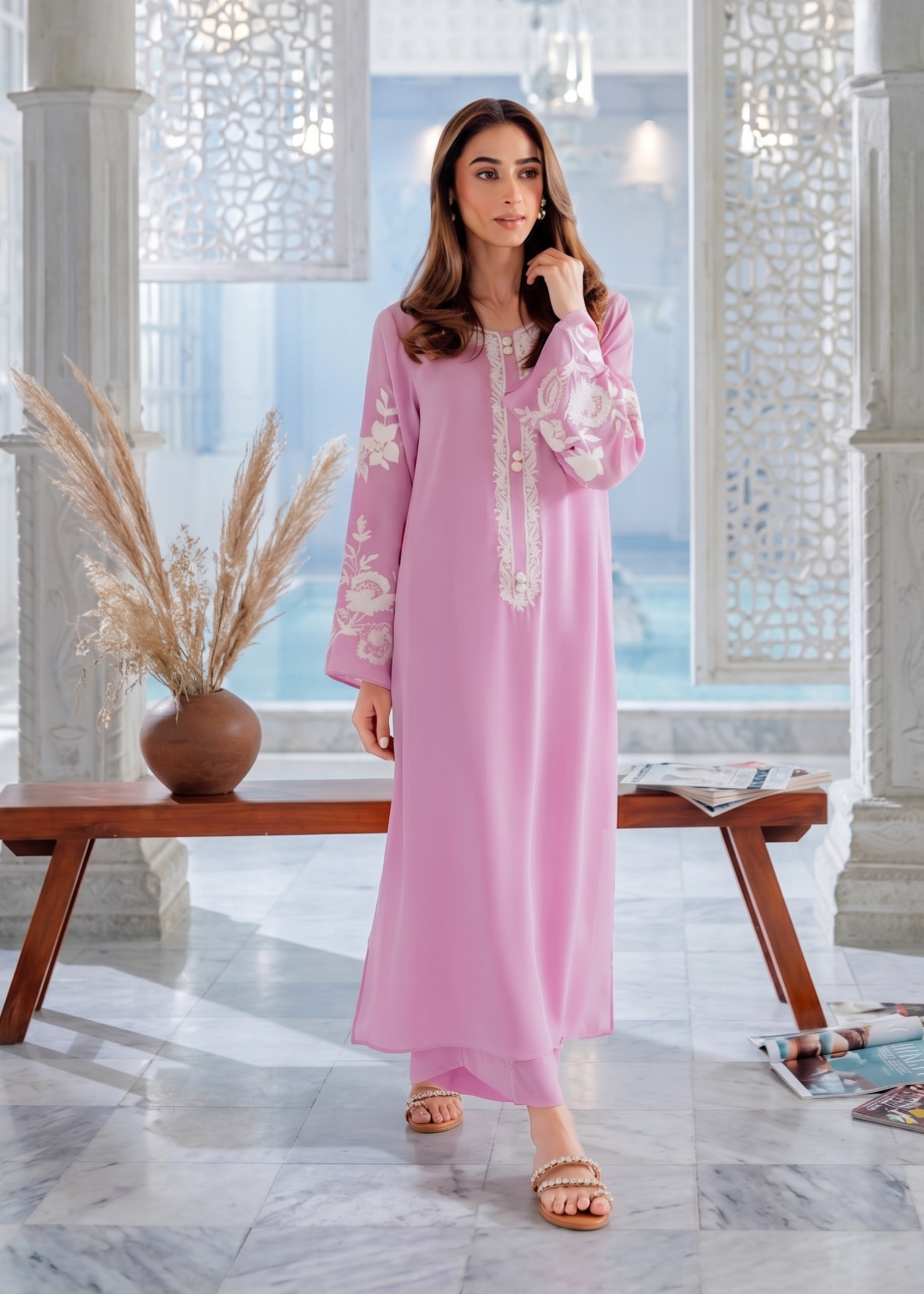 linen Kurta Set in Light pink