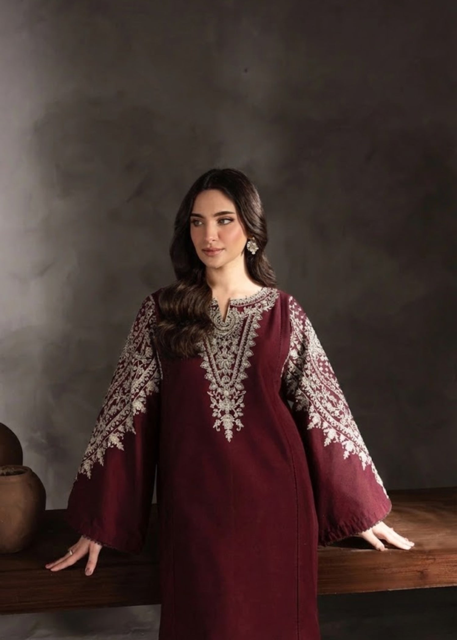cambric Kurta Set in Maroon