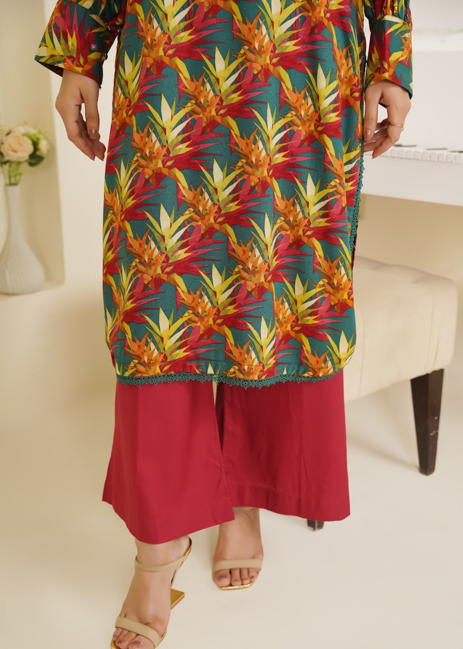 linen Kurta Set in Sea green, multi, amaranth