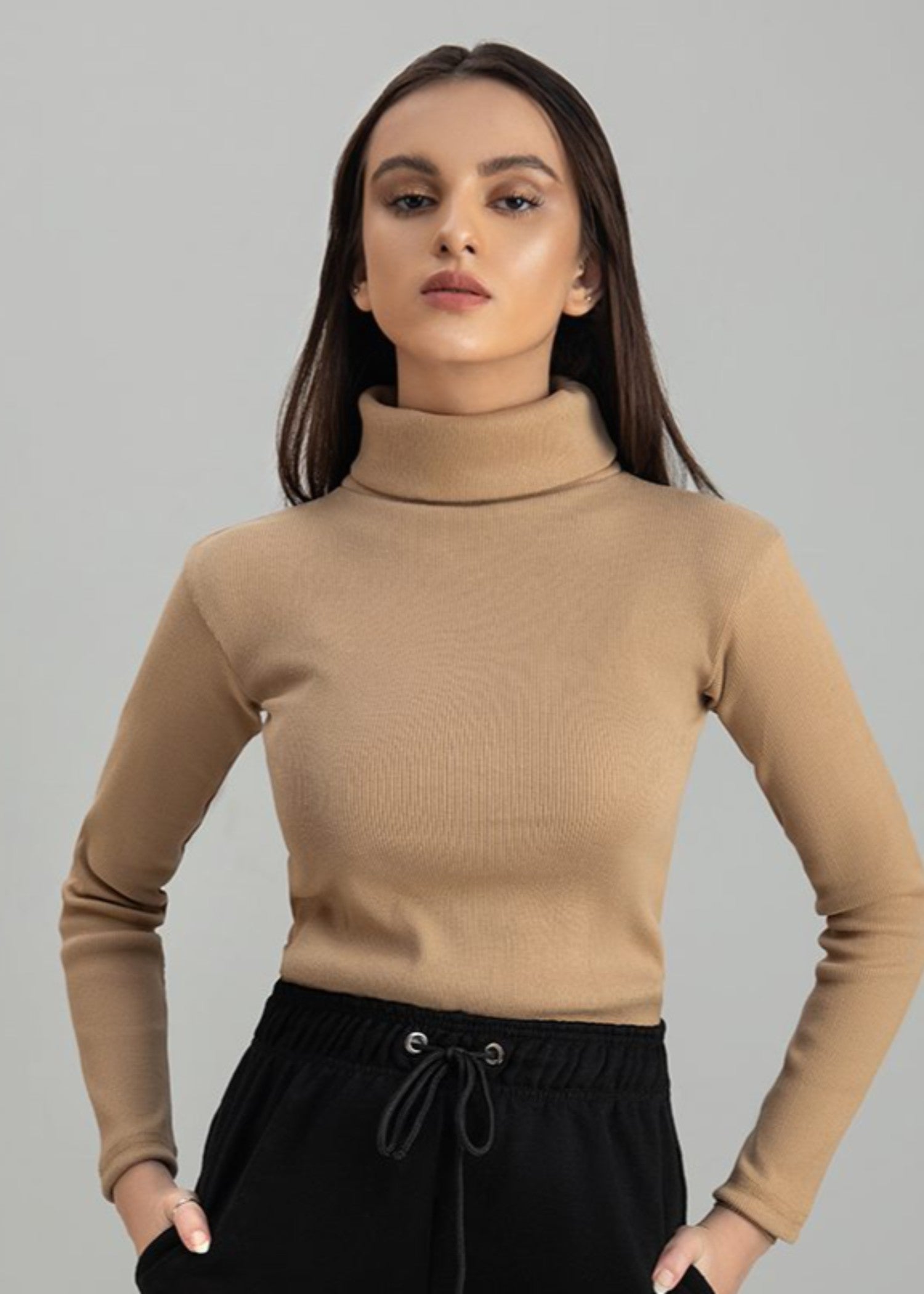 jersey knit Turtle Neck in Tan brown