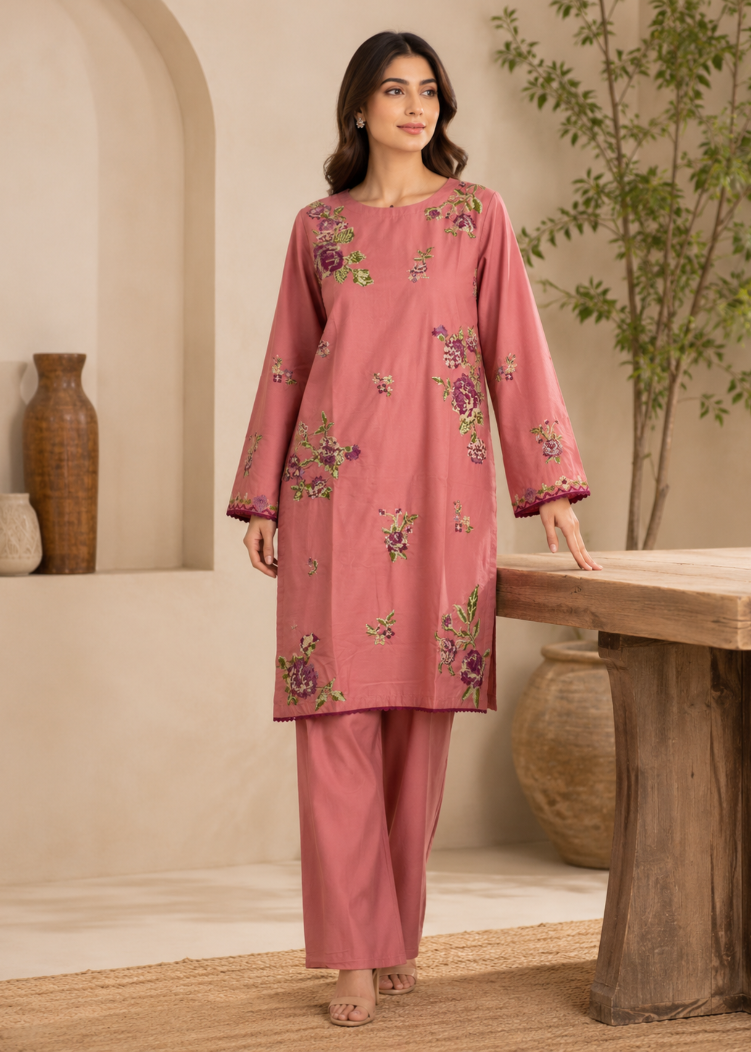 lawn Kurta Set in Salmon