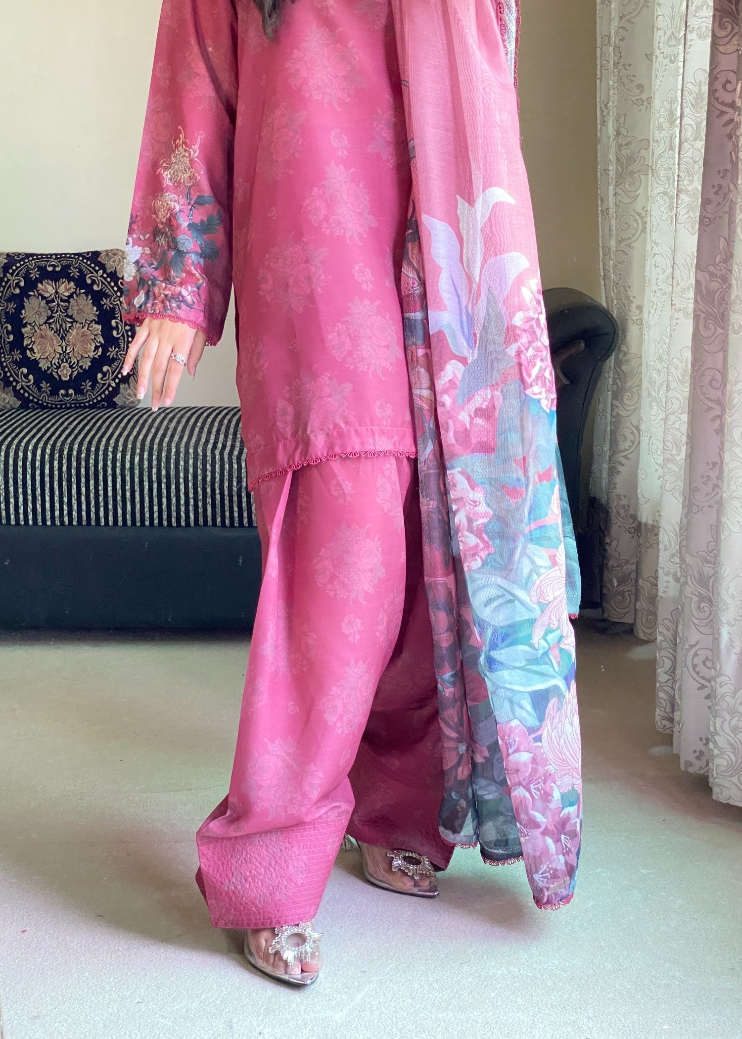 silk finish lawn Kurta Set in Magenta haze