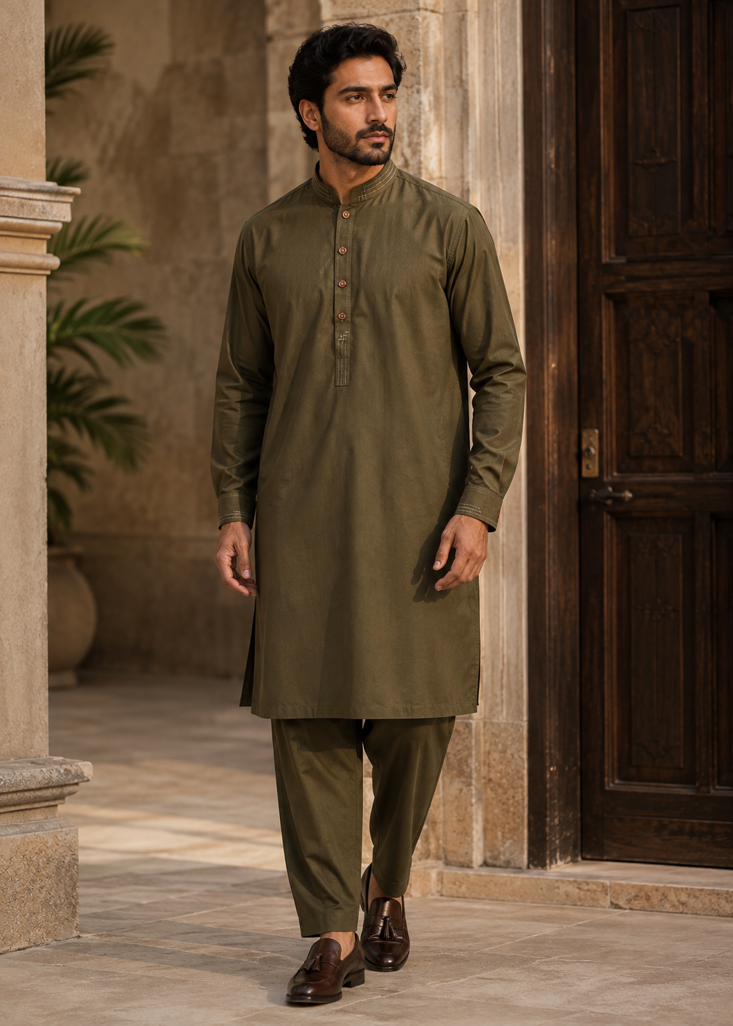 wash & wear Shalwar Kameez in Olive green