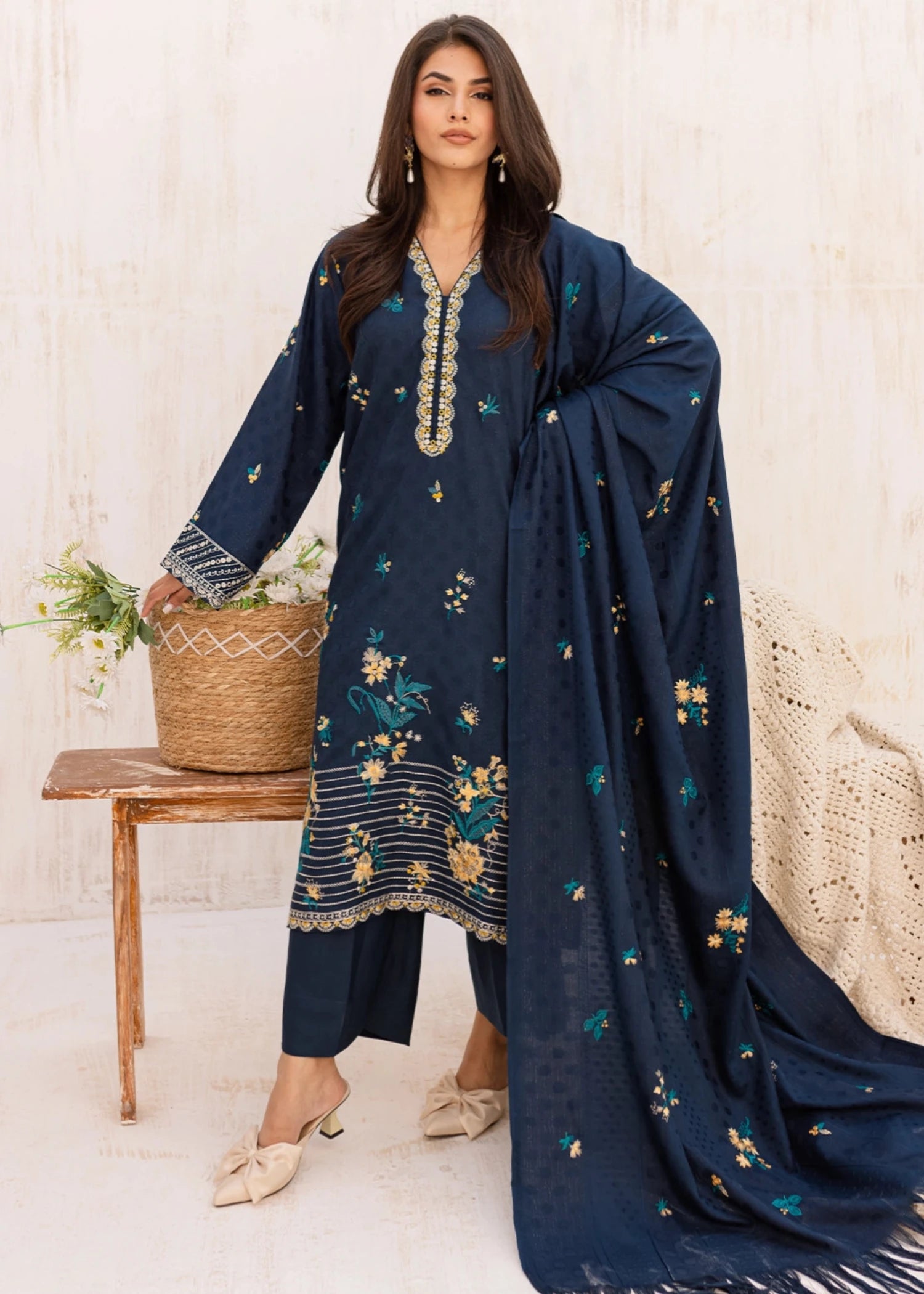 dhanak wool Unstitched in Navy blue