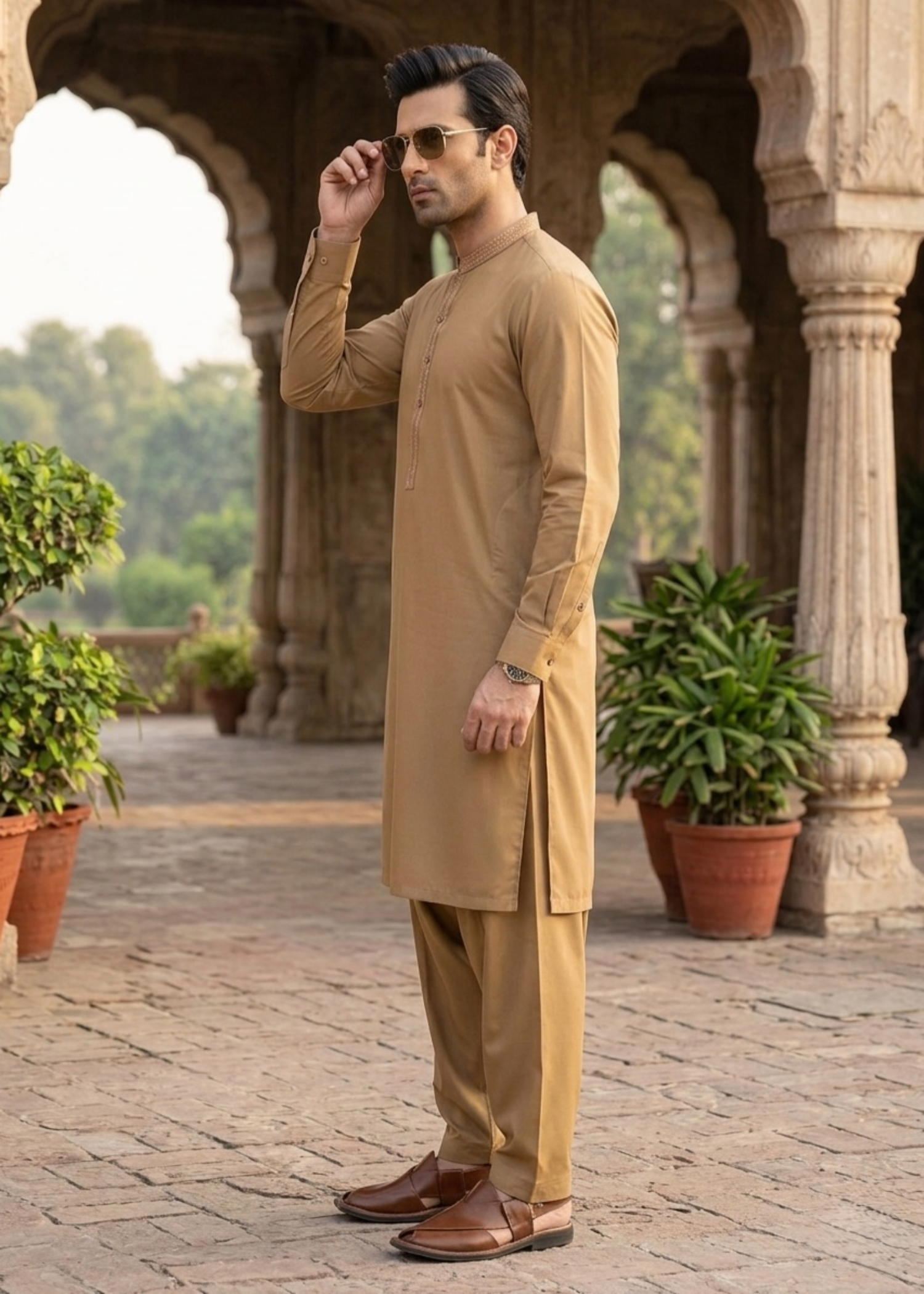 wash & wear Shalwar Kameez in Camel brown