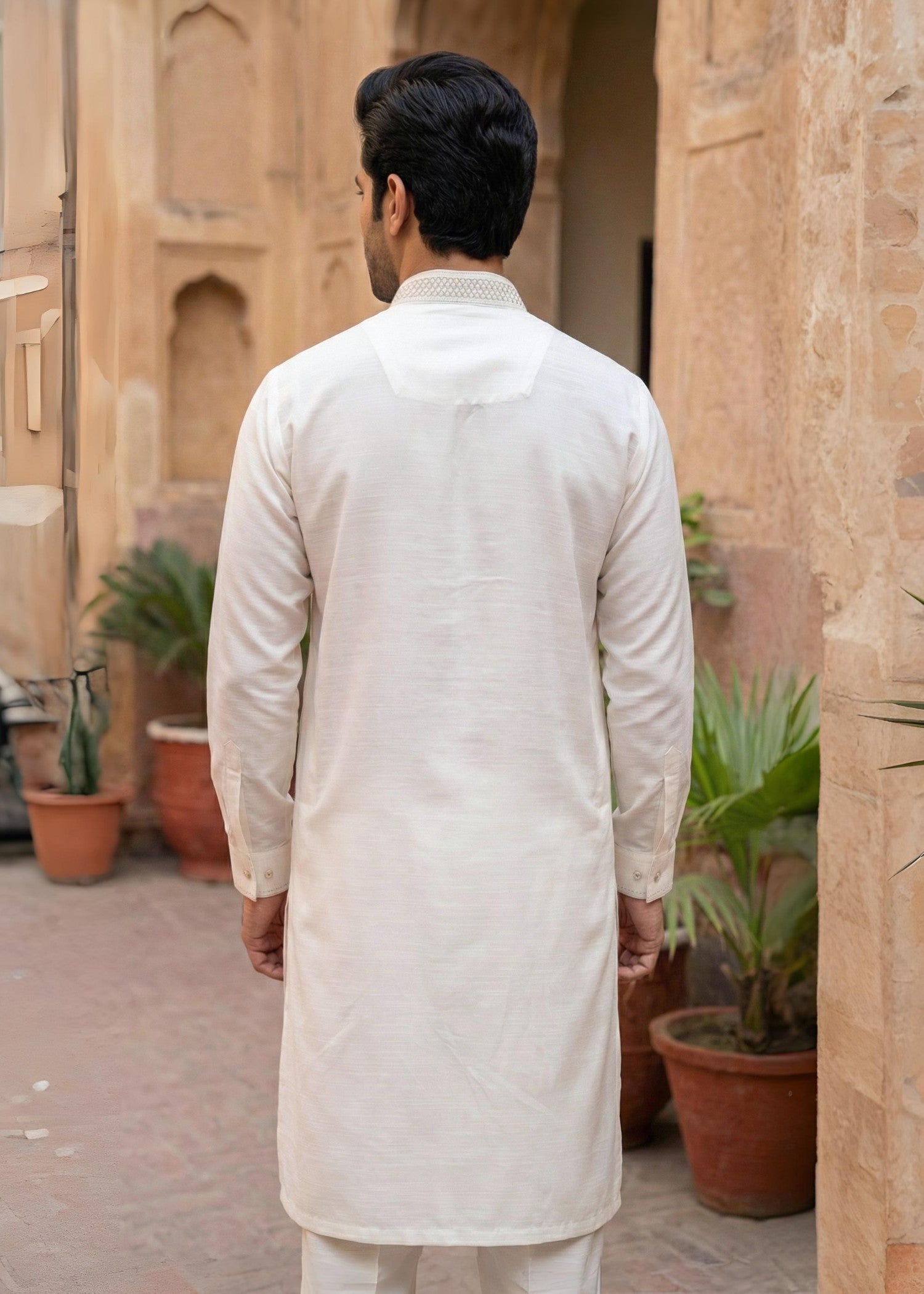 textured wash & wear Shalwar Kameez in Off-white