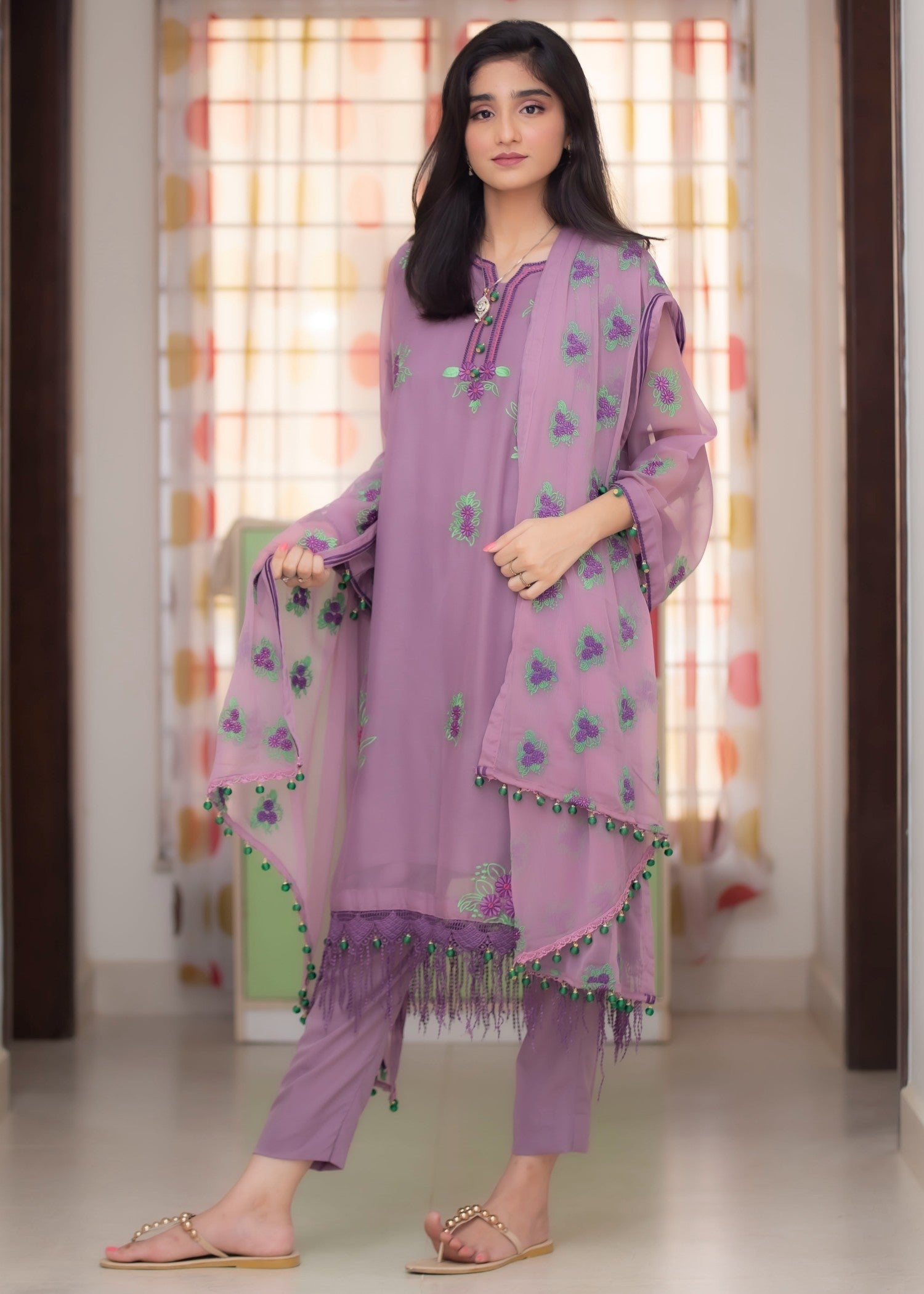 chiffon Kurta Set in Lilac
