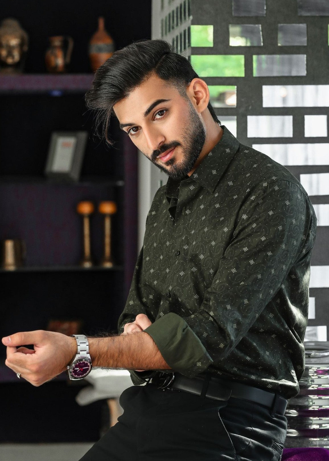 cotton Casual Shirt in Dark green