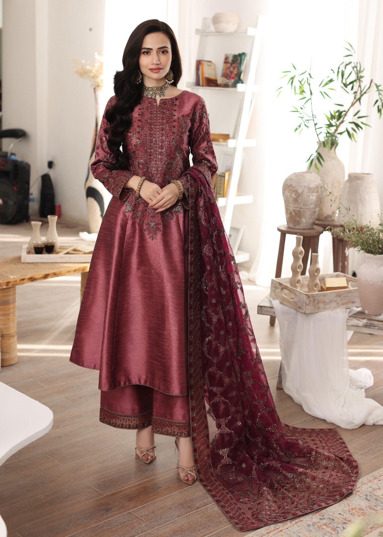 indian raw silk Pishwas in Berry red