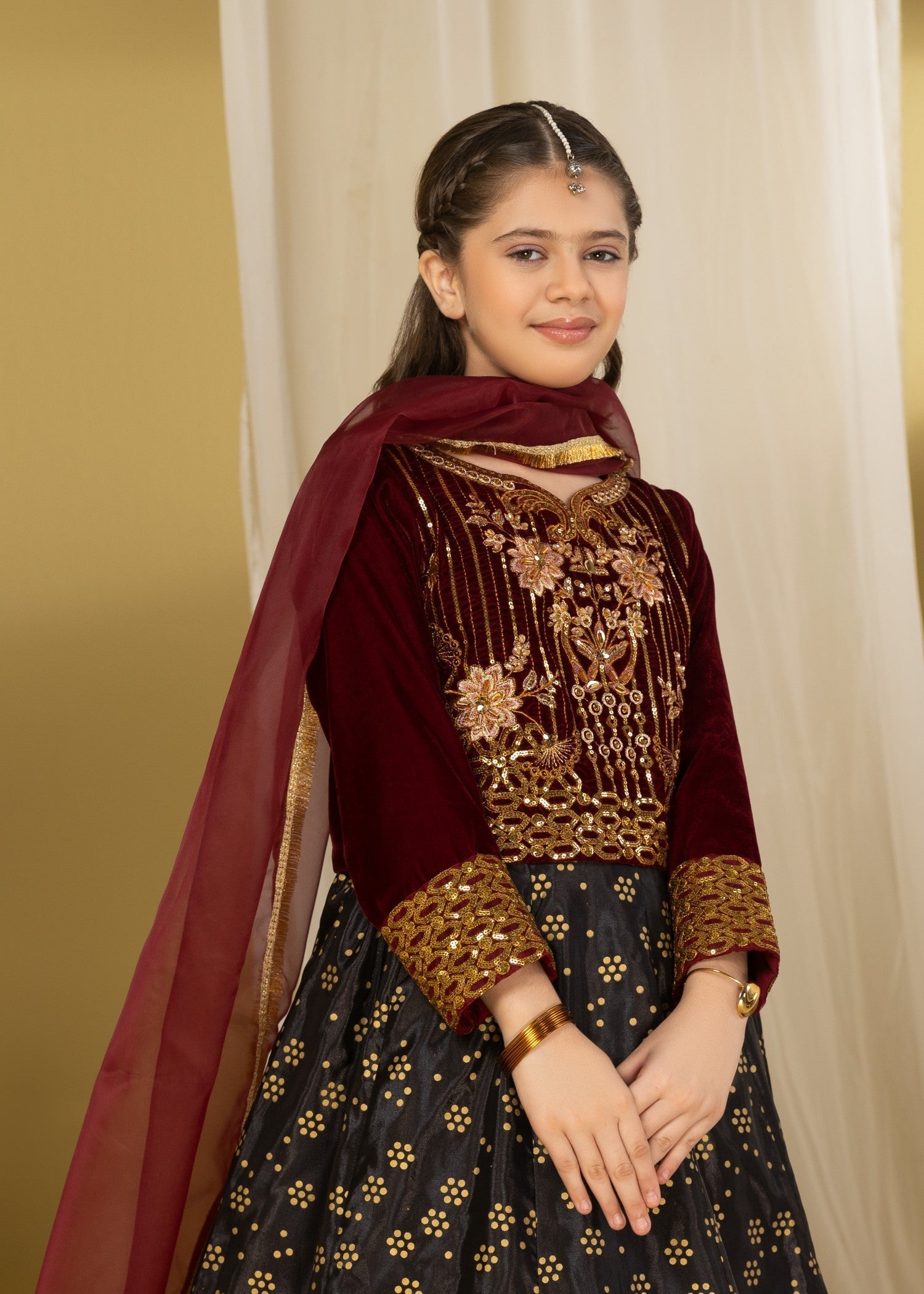 velvet Lehenga in Maroon, black