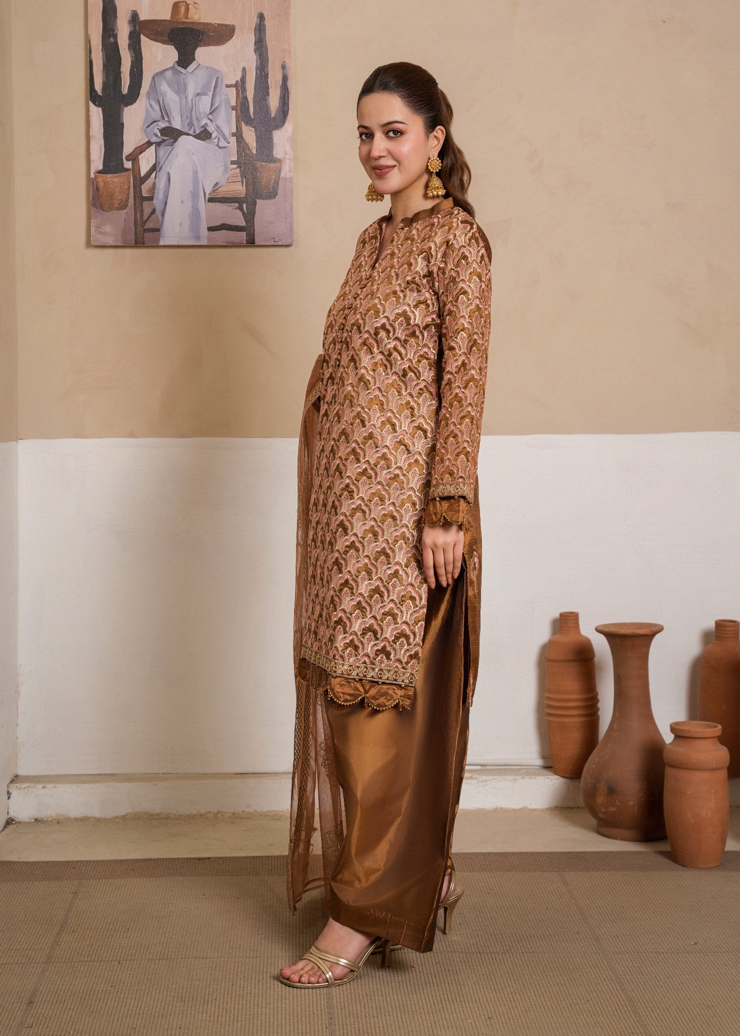 kattan silk Kurta Set in Tan brown, peanut