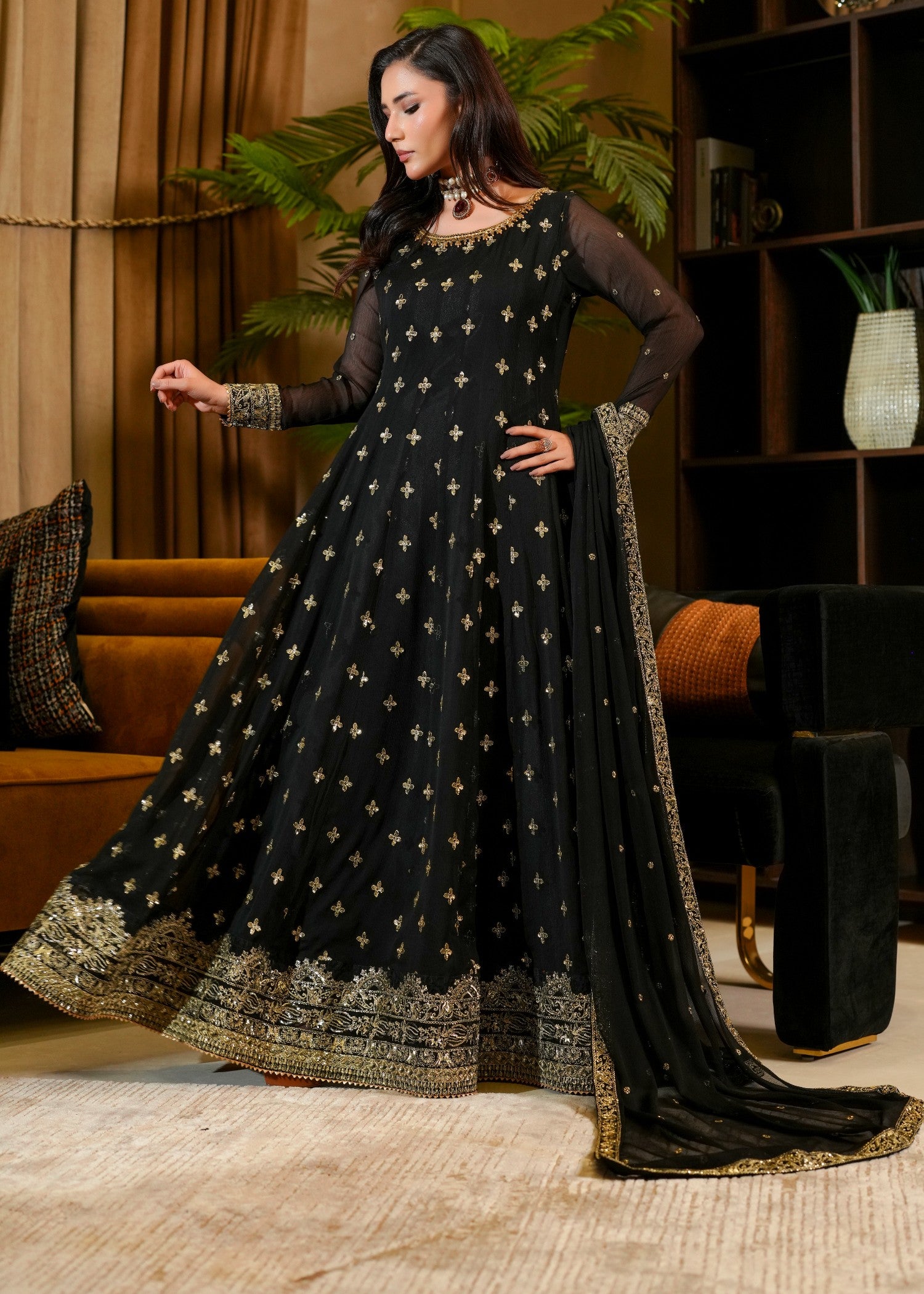 crinkle chiffon Maxi in Black