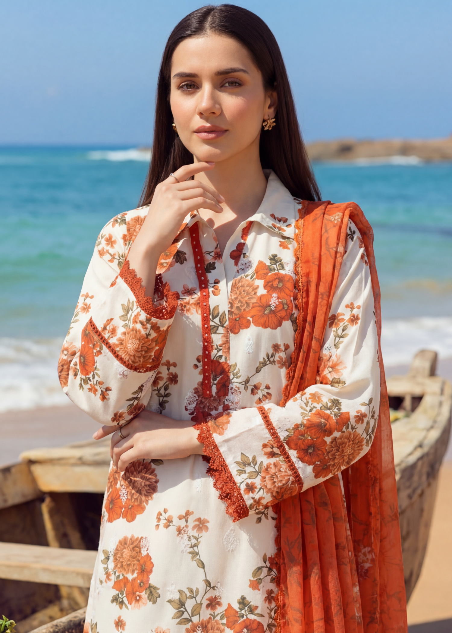 lawn Kurta Set in White, pumpkin orange