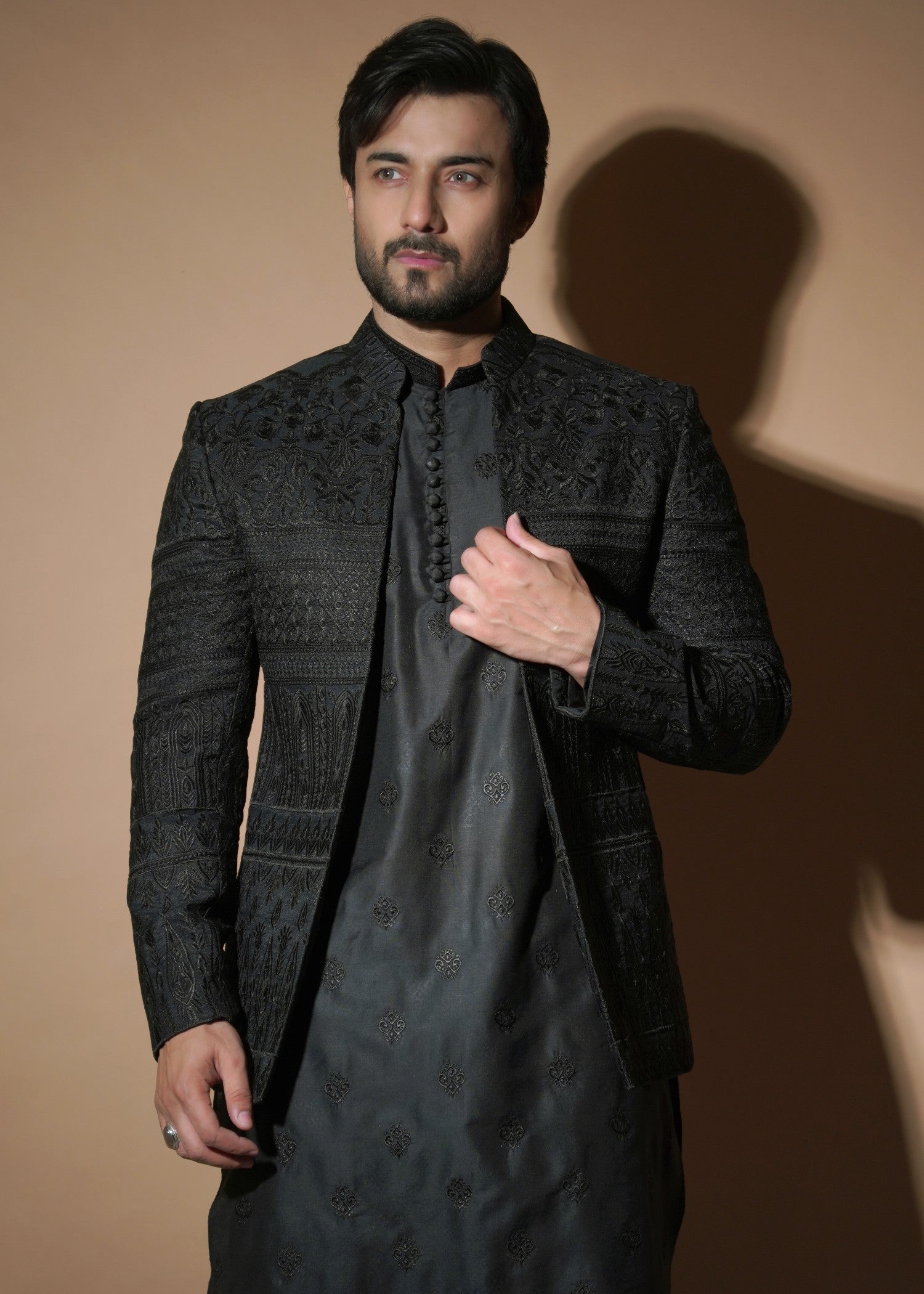 viscose raw silk Prince Coat in Black