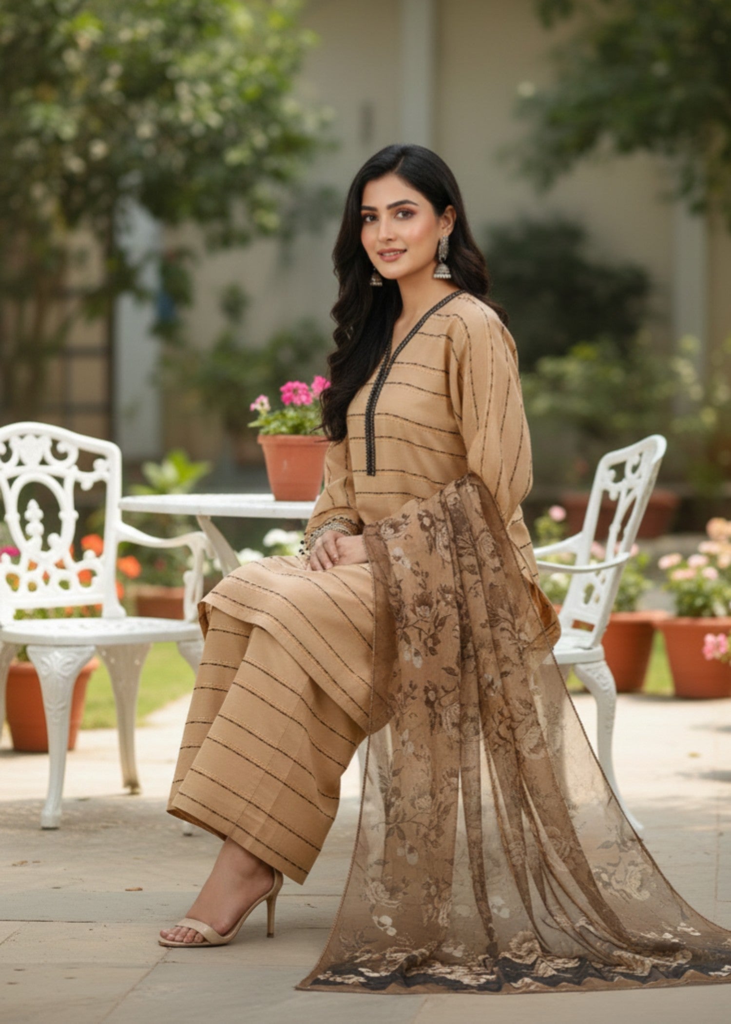 cotton karandi Kurta Set in Camel brown