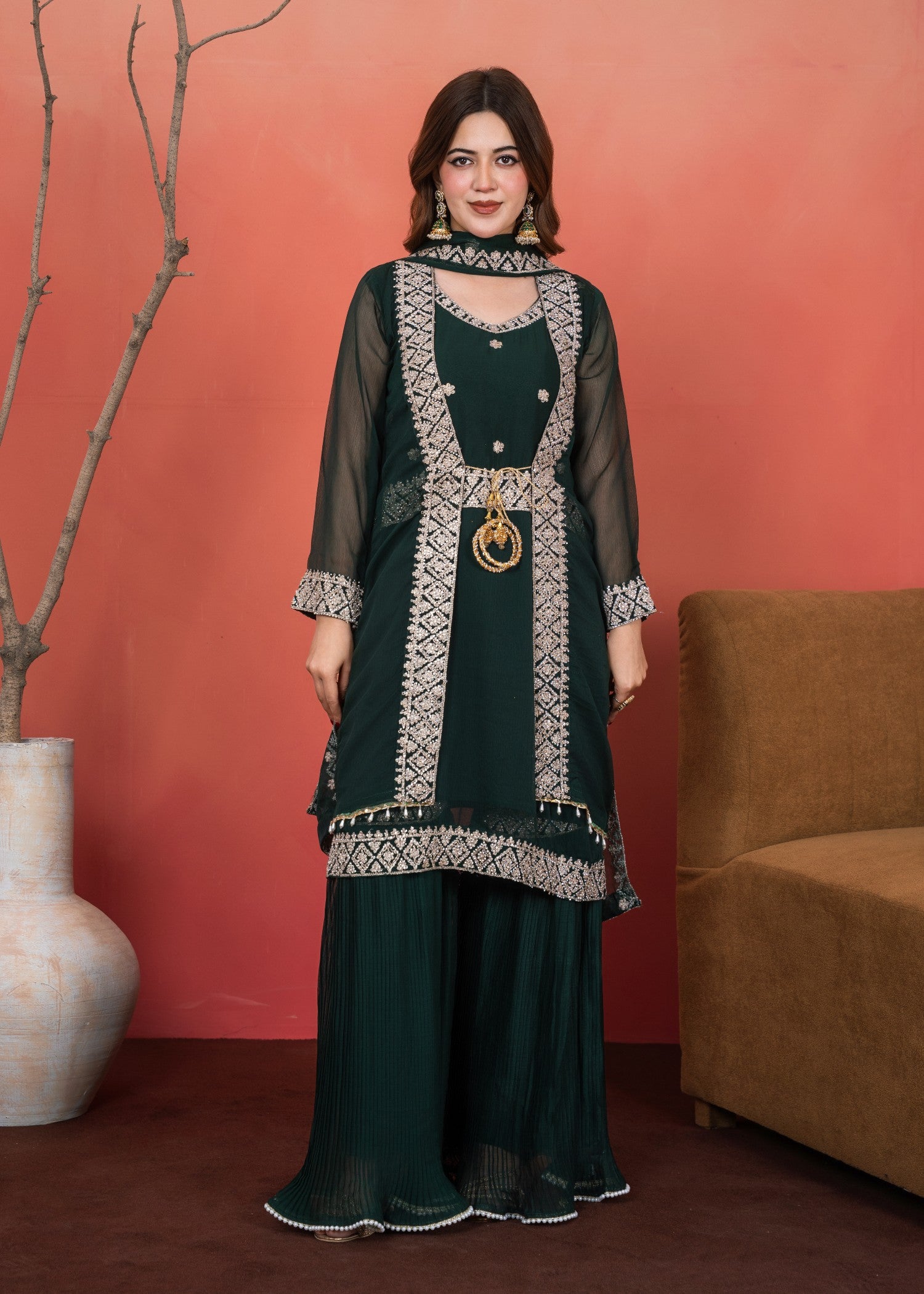 chiffon Gown in Bottle green