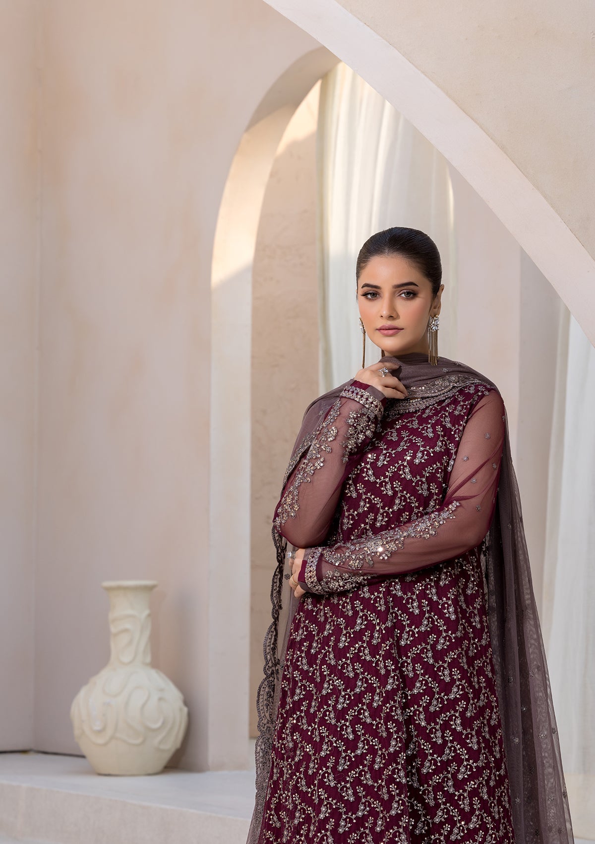 net Kurta Set in Maroon