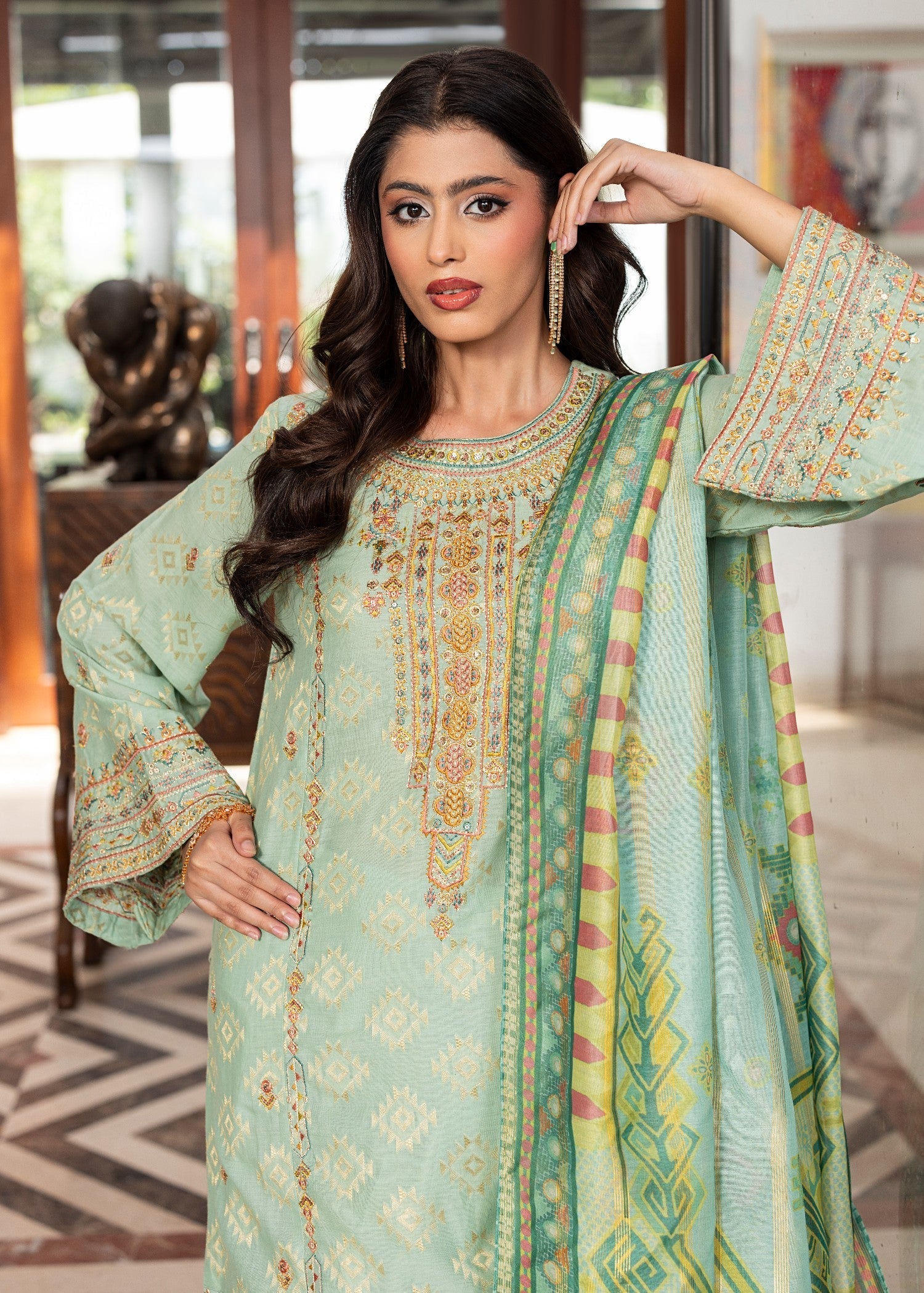 jacquard Kurta Set in Light cyan