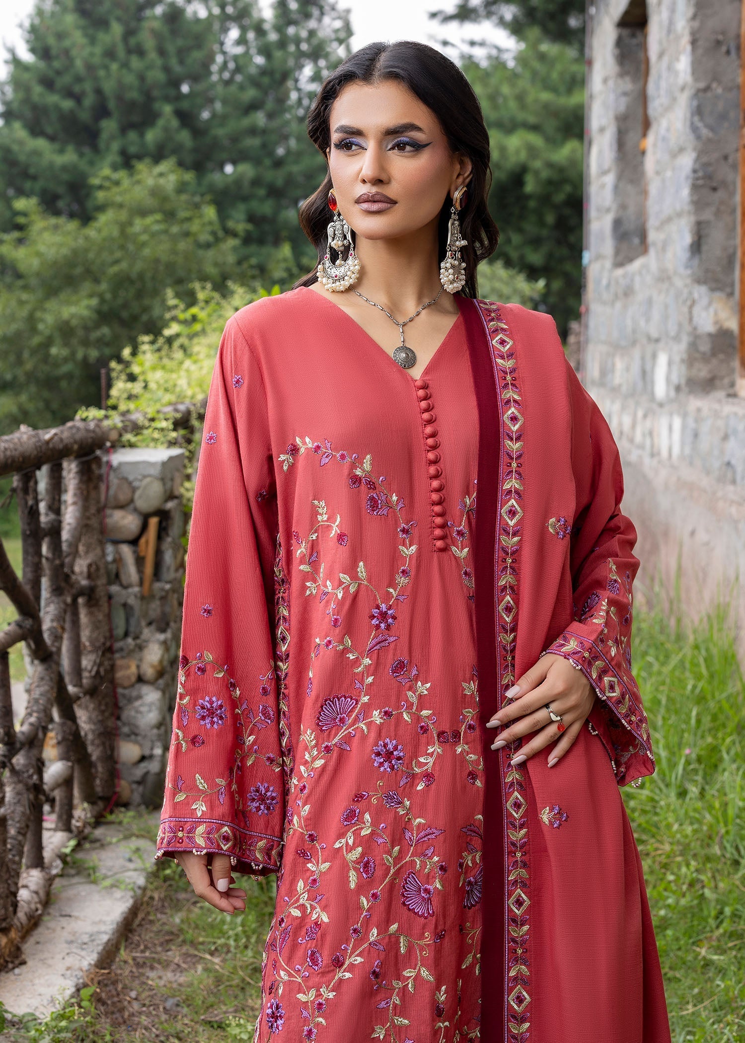 khaddar Kurta Set in Coral red