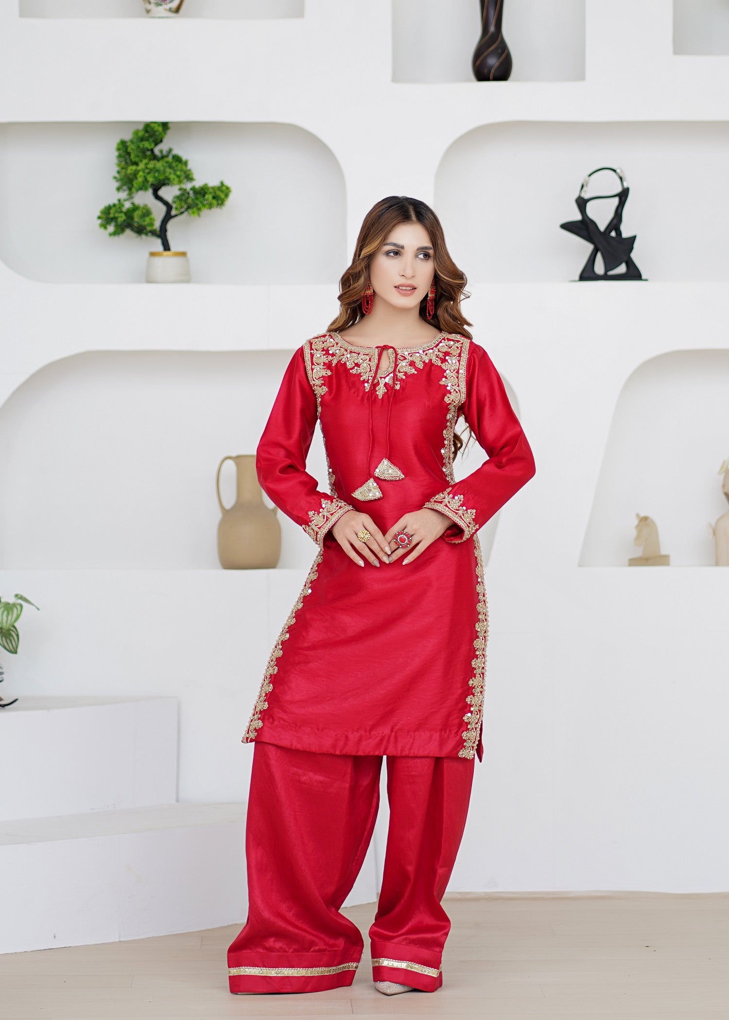 cotton silk Kurta Set in Red